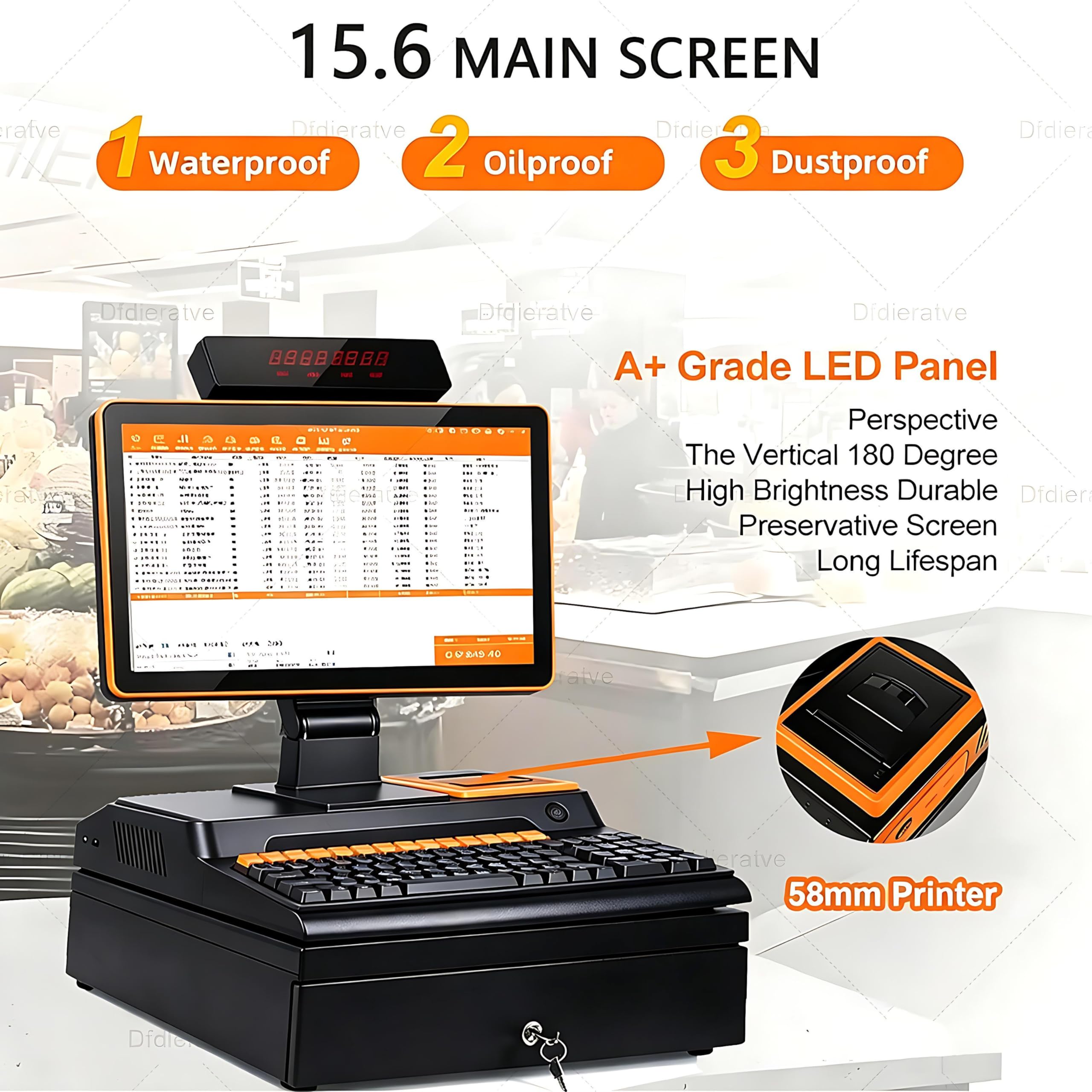 Caisse Enregistreuse Intelligente,Caisse Enregistreuse Tactile Tout, Tout-en-Un Design + 15,6" Écran Tactile LCD,Scanner + Imprimante de reçu,4G+128Go + Connexion Wi-FI Double Orange