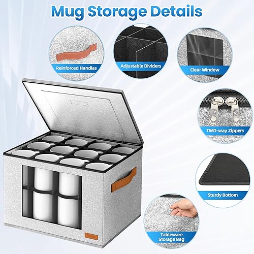 Miniatura 3 de Caja de almacenamiento de taza de café de 2 capas con divisores, organizador de almacenamiento de tazas con tapa de cremallera y asas, contenedores