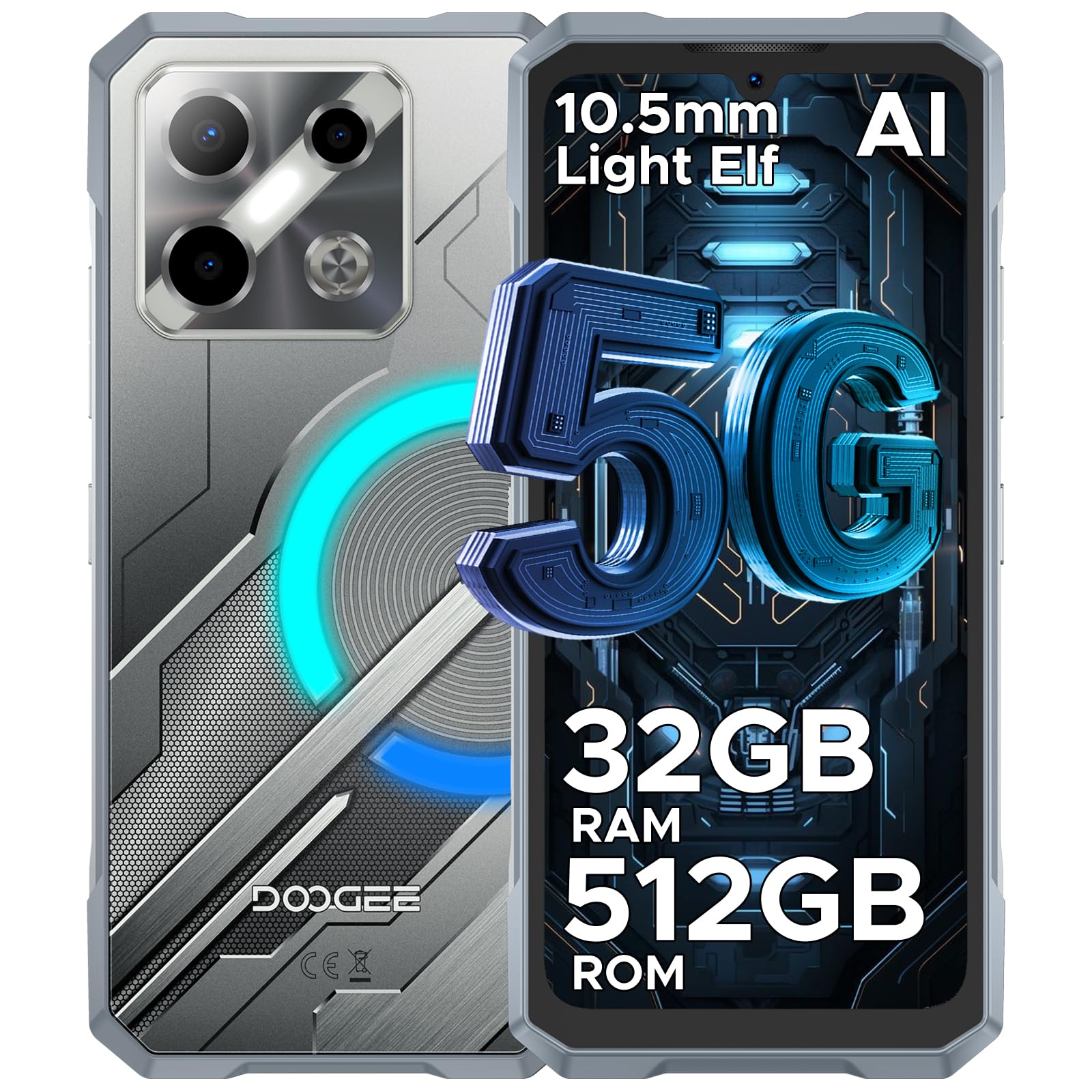 DOOGEE Blade GT Pro Rugged Smartphone 5G, 32GB+512GB Telefono Indistruttibile, 10.5mm, LED Light Effect, 6.72" + 120Hz IPS, 100MP+32MP, Octa Core, 5800mAh, Fingerprint ID/Face Unlock/NFC/GPS- Argento