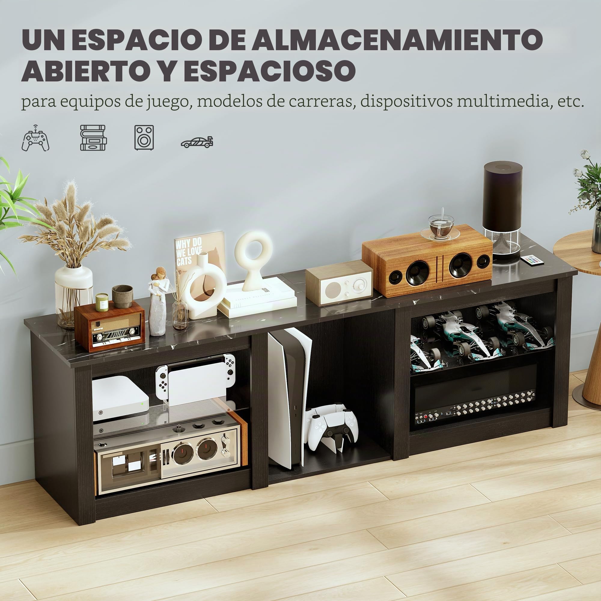 HOMCOM Soporte de TV LED RGB Banco de Madera para TV de hasta 65" con Estantes de Cristal Ajustables, 5 Nichos, Gestión de Cables y Mando a Distancia para Salón, Dormitorio, Negro, 160 x 35 x 53 cm