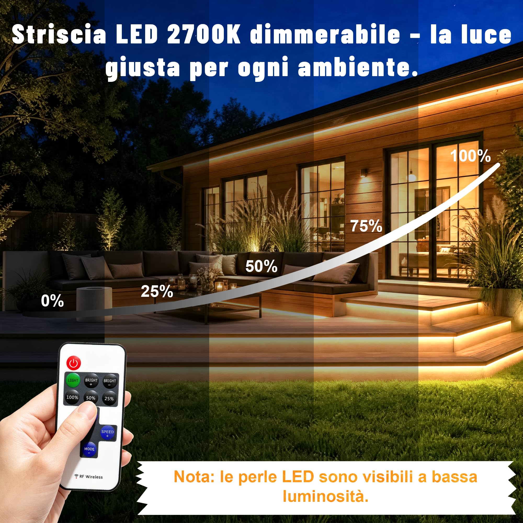 Striscia LED COB Impermeabile IP67 per Esterno con Telecomando, AC 220V-230V Dimmabile a Collegamento Diretto, Superluminosa Autoadesiva per Esterni, Giardino, Terrazzo (warm 2700K, 40M)