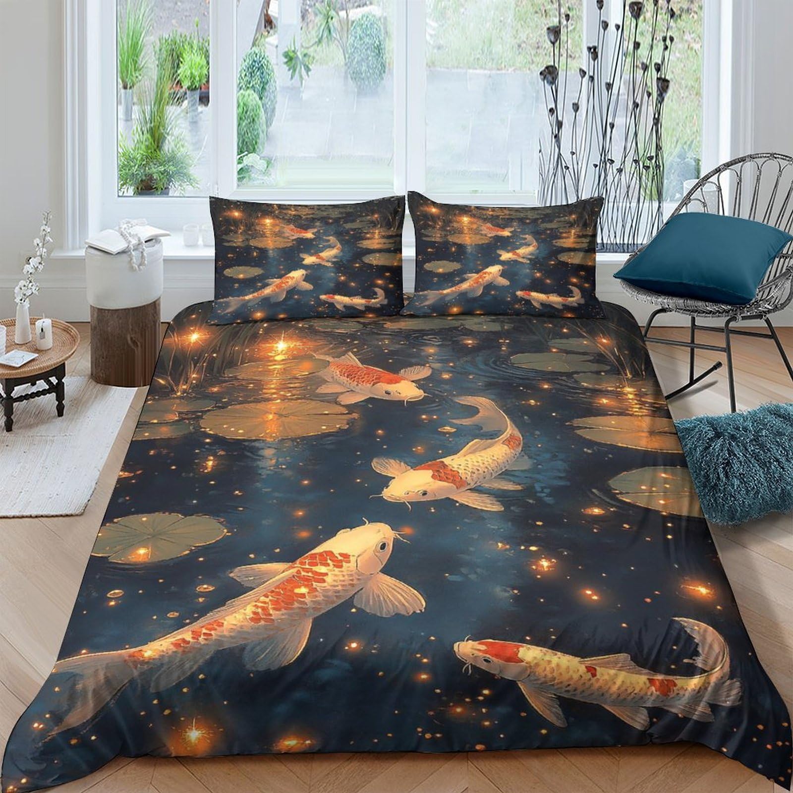 GPLZQXKJNH 3D Printed Koi Fish Pond Duvet Cover Microfiber Soft Breathable Gold Water Bedding Set with 2 Pillowcases for Bedroom Decor, Single（135x200cm）