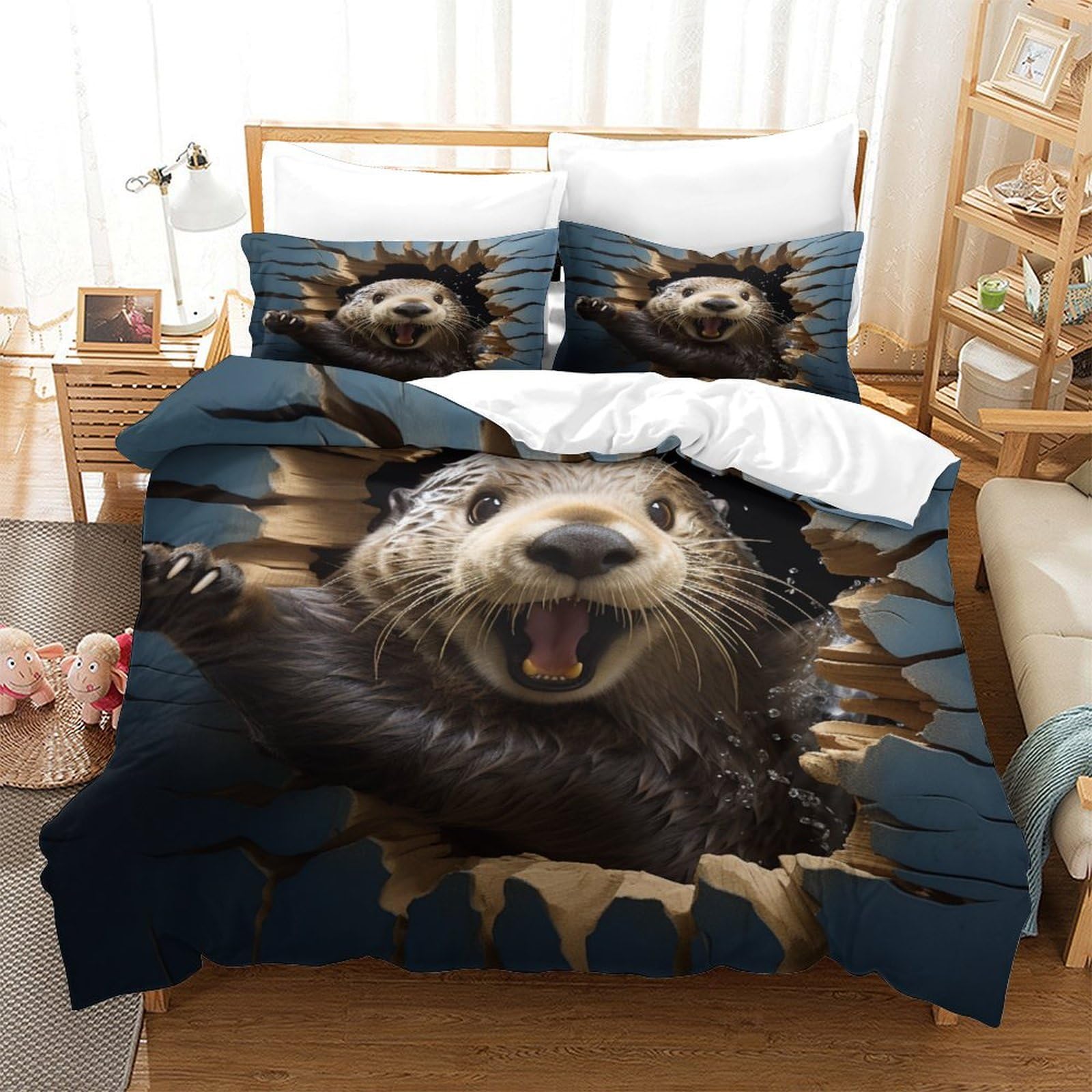 P1S9U7W5Y Funny Animal 3D Printed Otter Design 3 Piece Microfiber Duvet Cover Set for Adults Teens Bedroom Decor Otter Bedding Set Soft Breathable Home Gift Double（200x200cm）