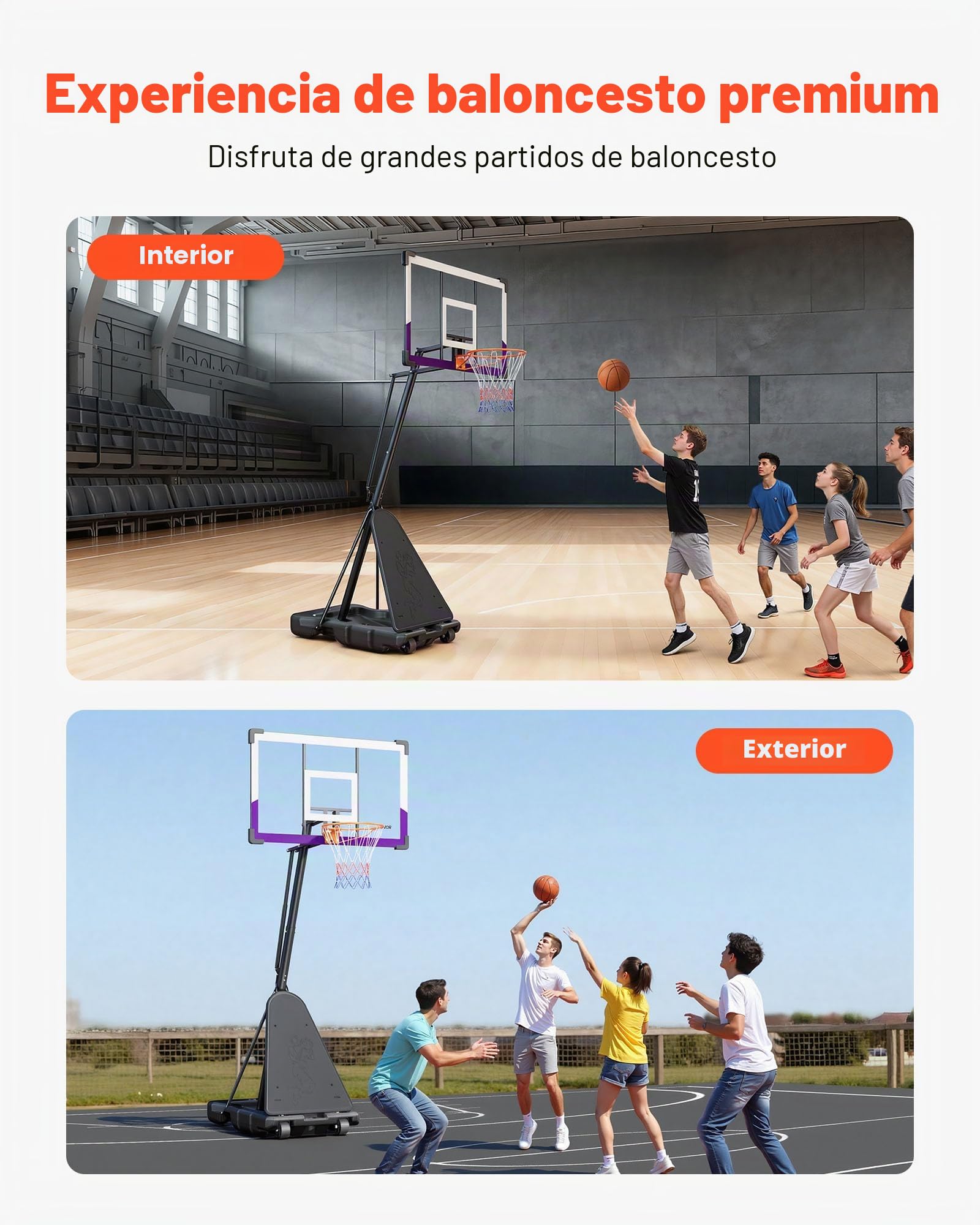 VEVOR Canasta de Baloncesto Portátil, Aro de Baloncesto Ajustable en Altura Manual hasta 3,05 m, con Tablero de Policarbonato de 1219,2 mm, Ideal para Terrazas y Colegios, 1210 x 2060 x 3650 mm