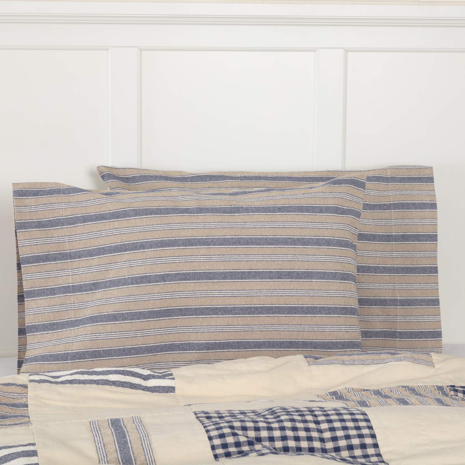 Piper Classics Doylestown Blue Ticking Standard Size Bed Pillow Cases, Set of 2, 21" x 30", Blue, Tan & Cream Vintage Style Ticking, Farmhouse Bedding, Rustic Country, or Cottage Bedroom