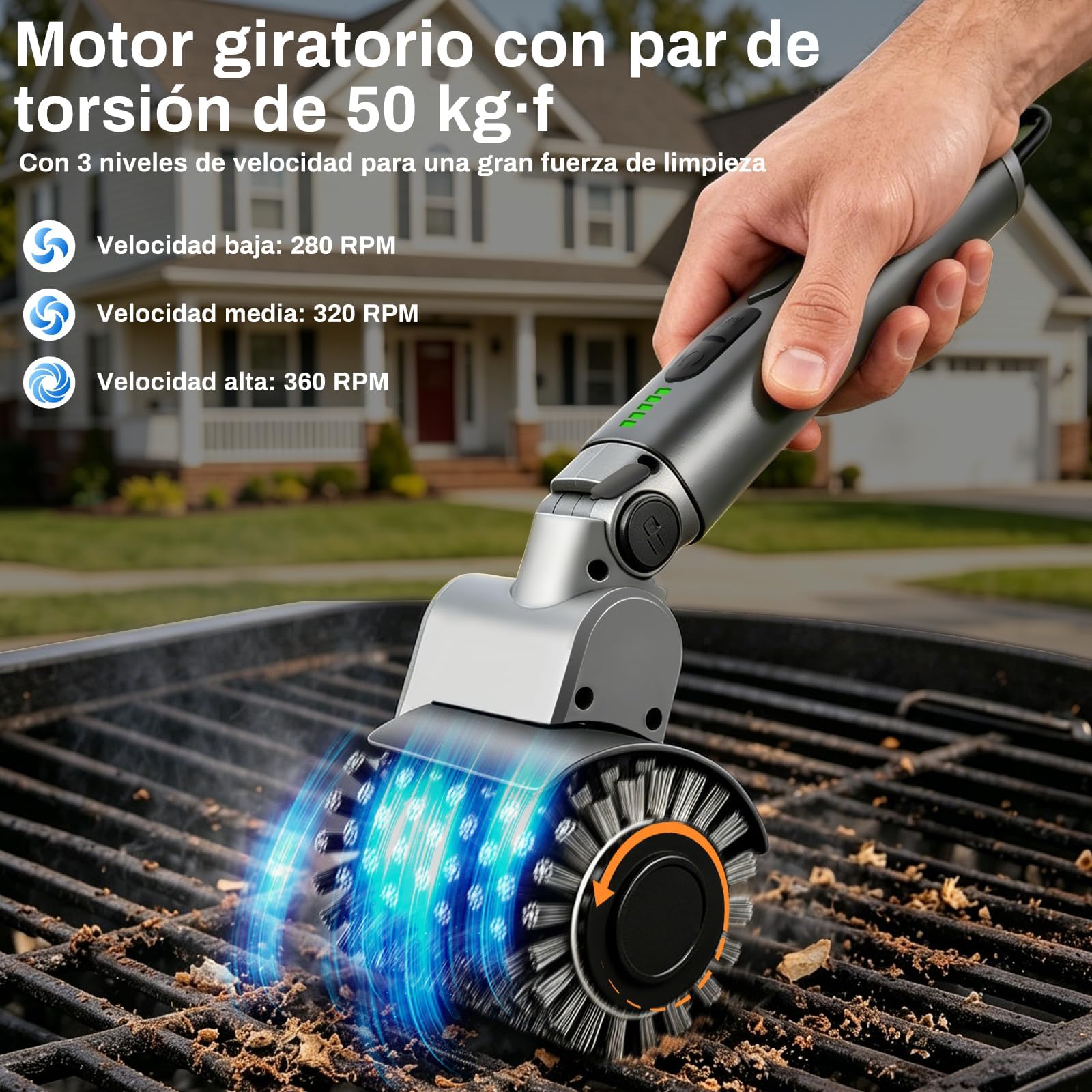 Cepillo Eléctrico para Barbacoa, Limpiador de Parrilla Inalámbrico 3 en 1 con 3 Velocidades y 180° Ajustable, 3 Cabezales Acero INOX Reforzados, 150Min Batería, Impermeable, Apto Lavavajillas