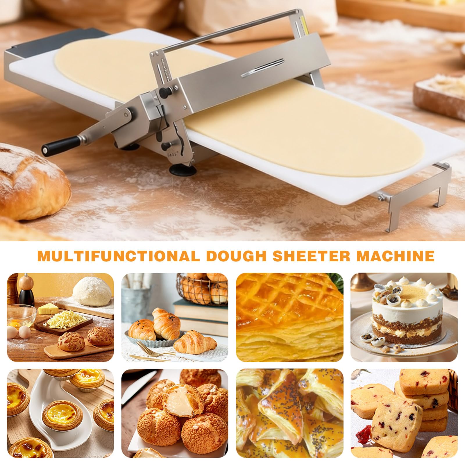 Macchina per sfogliare l'impasto, rullo di spessore regolabile manuale per cornetti, pizza e pasticceria, design da tavolo in acciaio inossidabile per cottura domestica e commerciale