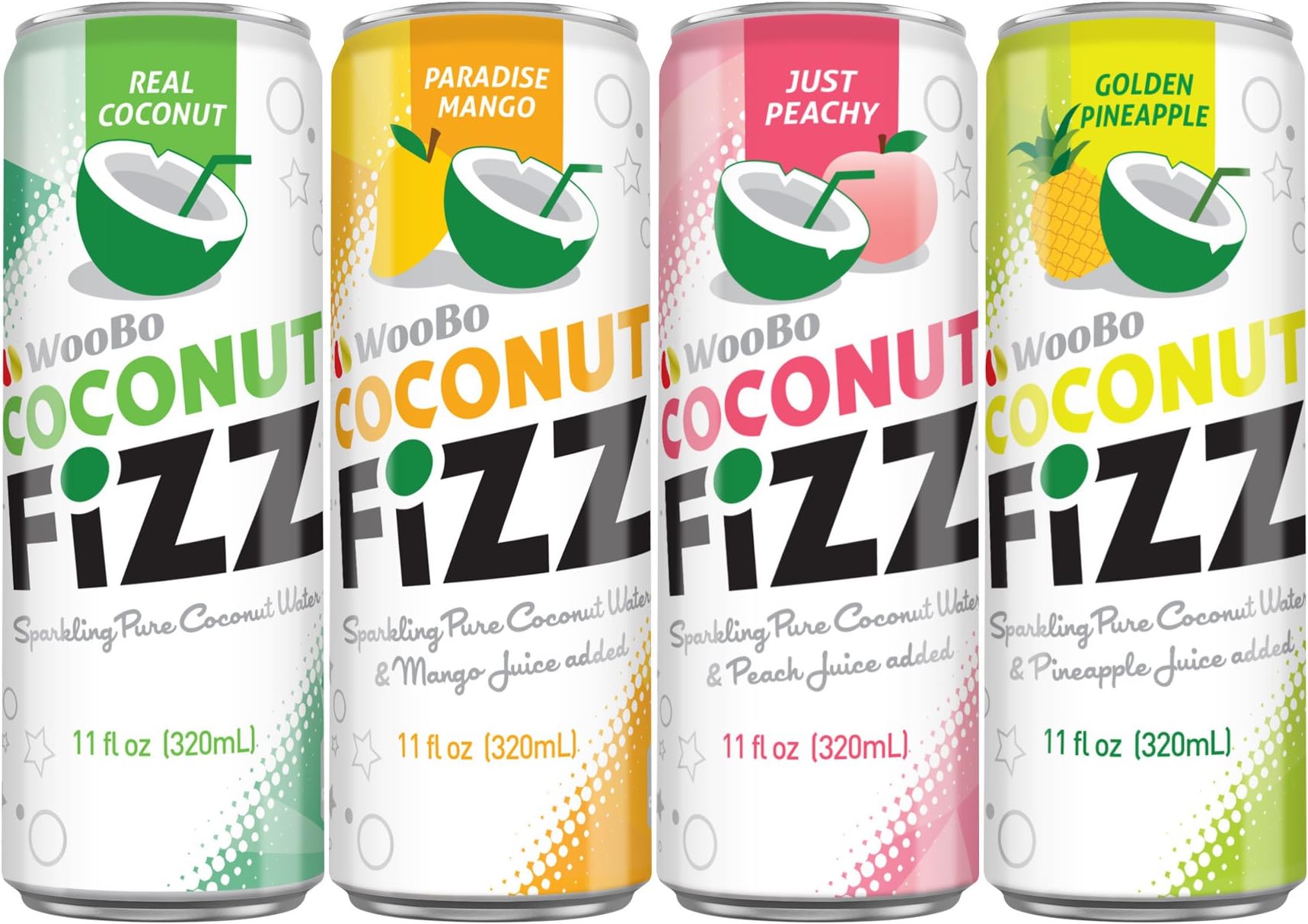 Coconut Water Variety Pack by Woobo, Coconut Fizz Pure Sparkling Coconut Water, 4 Flavors Included, Healthier Than Soda, Variety Pack of 24, 1 can is 11 oz.