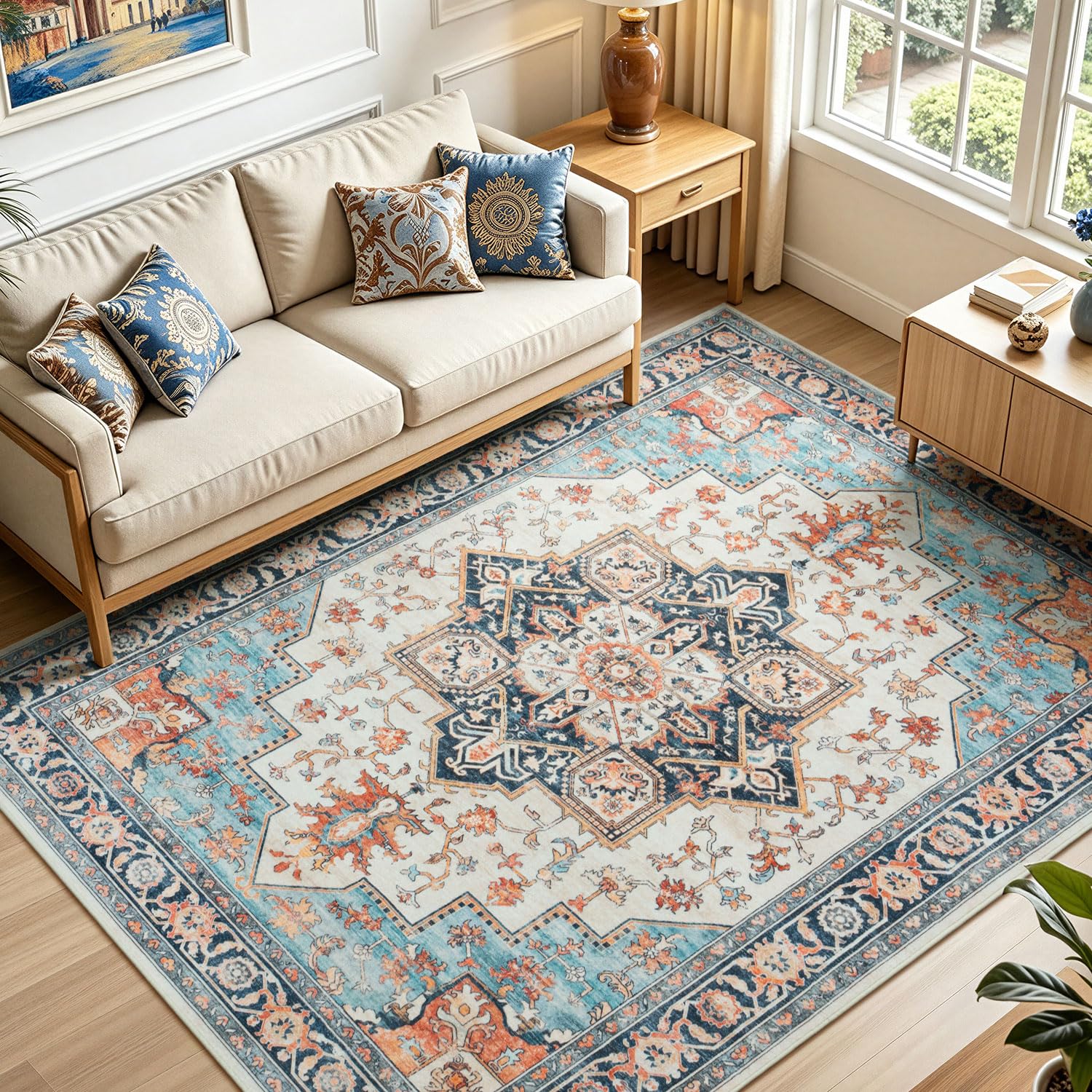 Terven 120x170 cm Rug for Living Room Blue/Orange Washable Persian Carpet