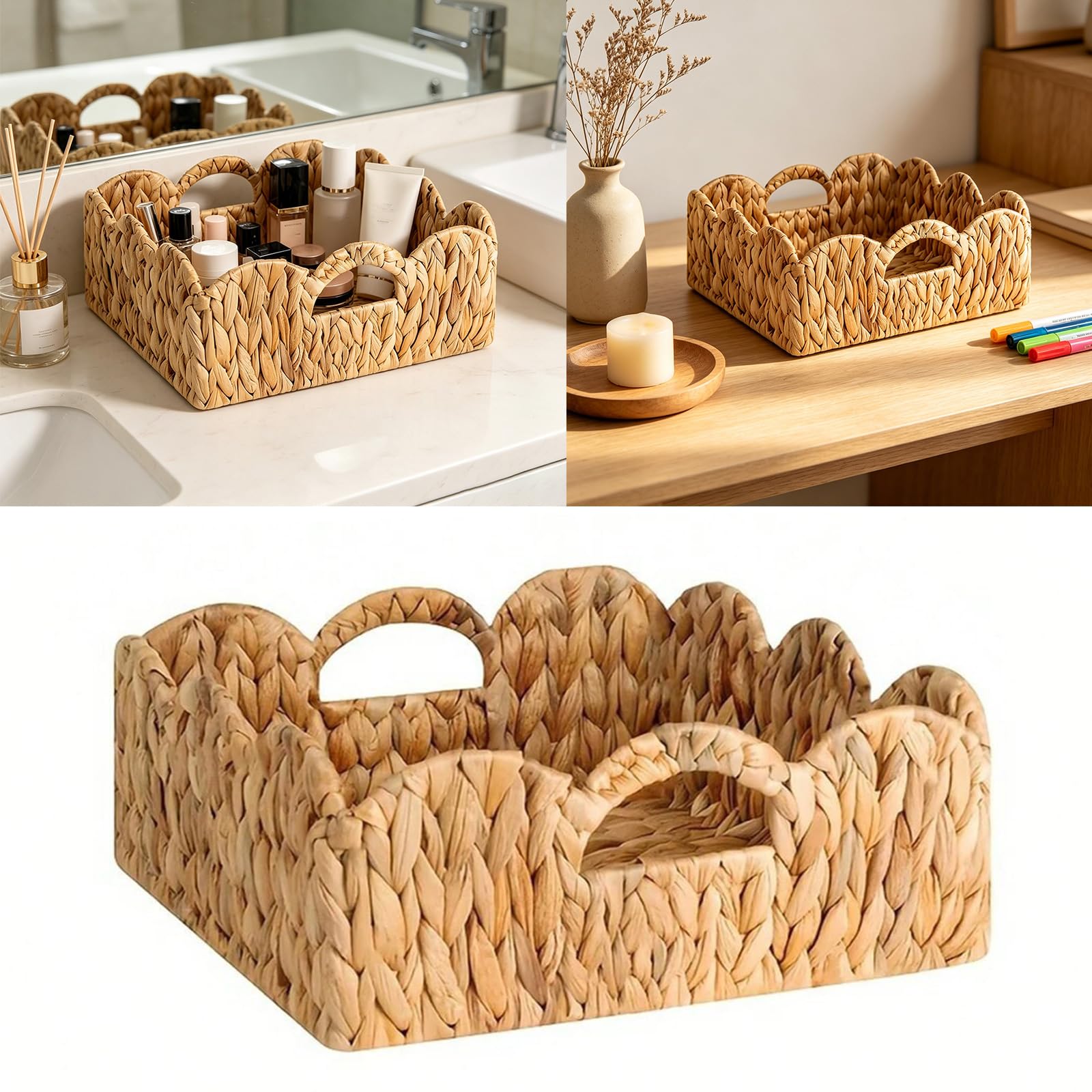 Caja de fibra natural, jacinto de agua, con borde de encaje, cesta de almacenamiento decorativa