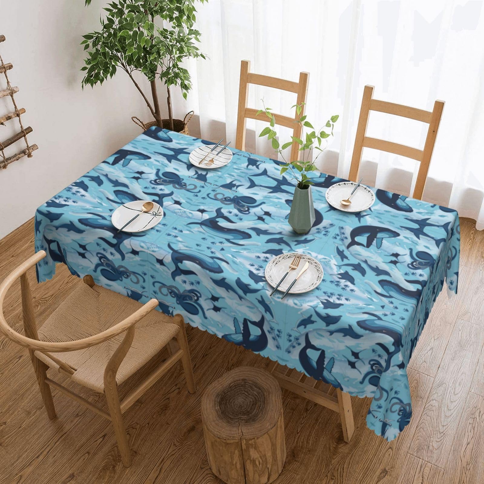 QAZWZML Fish and Octopus Printed tablecloth, made of thick polyester with lace trim, suitable for dining rooms, picnics, and weddings
