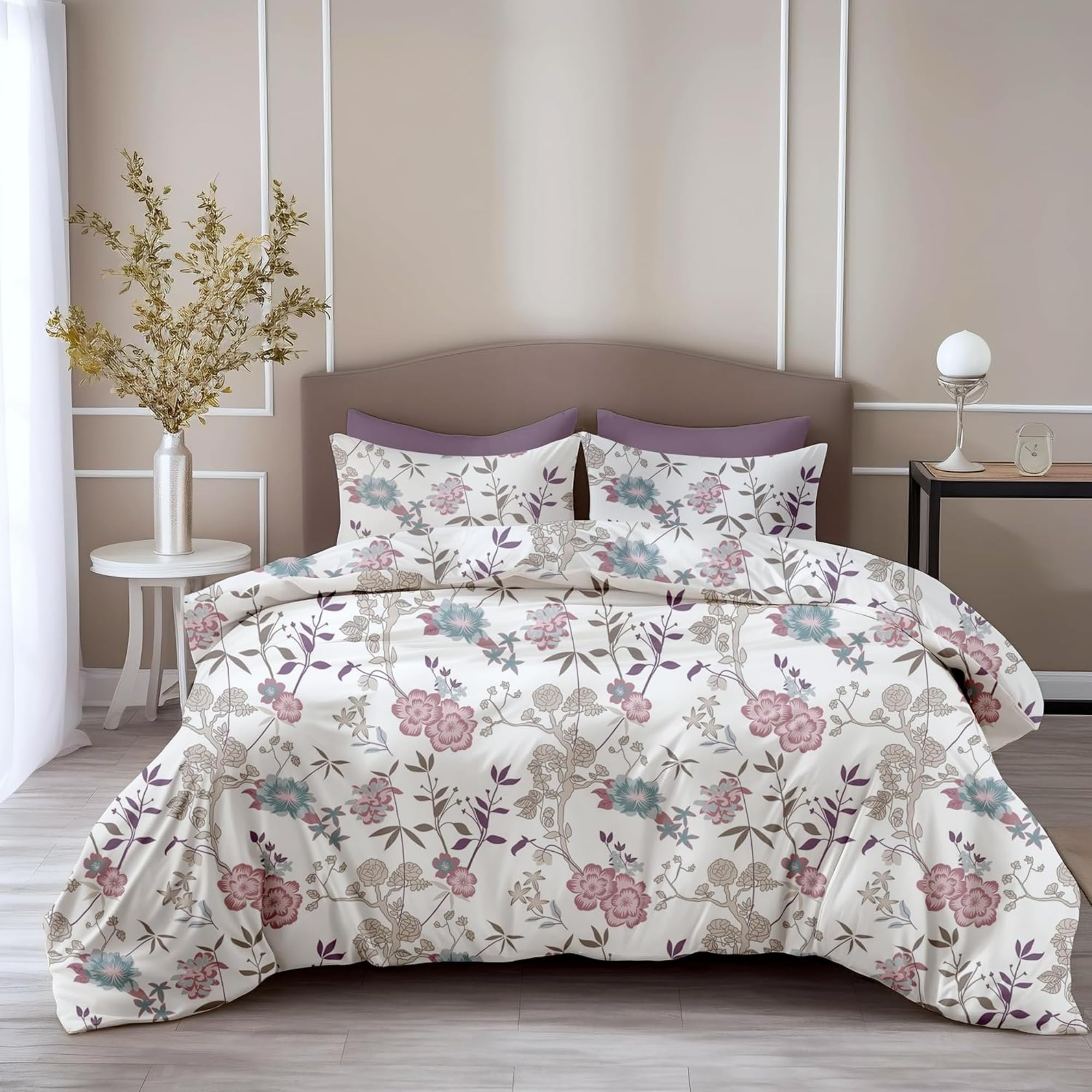 LORETO - A QUALITY LINEN BRAND 100% Pure Cotton Bedsheet for King Size Bed, 144TC Soft & Breathable King Size Bed Sheet Cotton with 2 Pillow Covers (Blush Pink & Teal Floral Vines, 104 x 104 Inches)