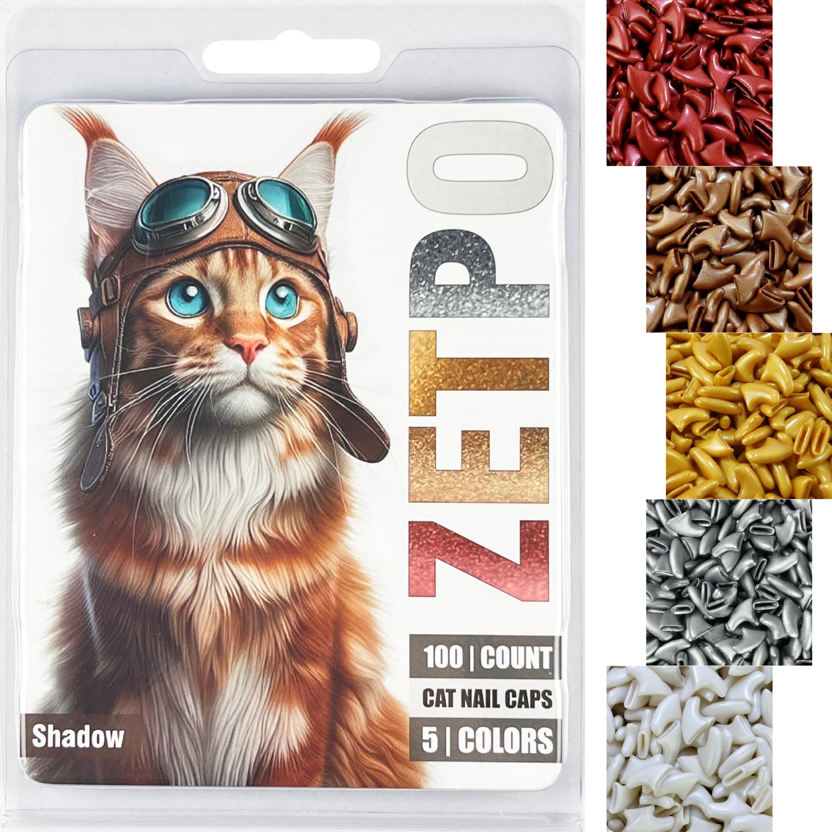 zetpo 100 pcs Cat Nail Caps | Cat Claw Covers | with Adhesives and Applicators (M, Metal Red, Bronze, Gold, Silver, Pearl White)