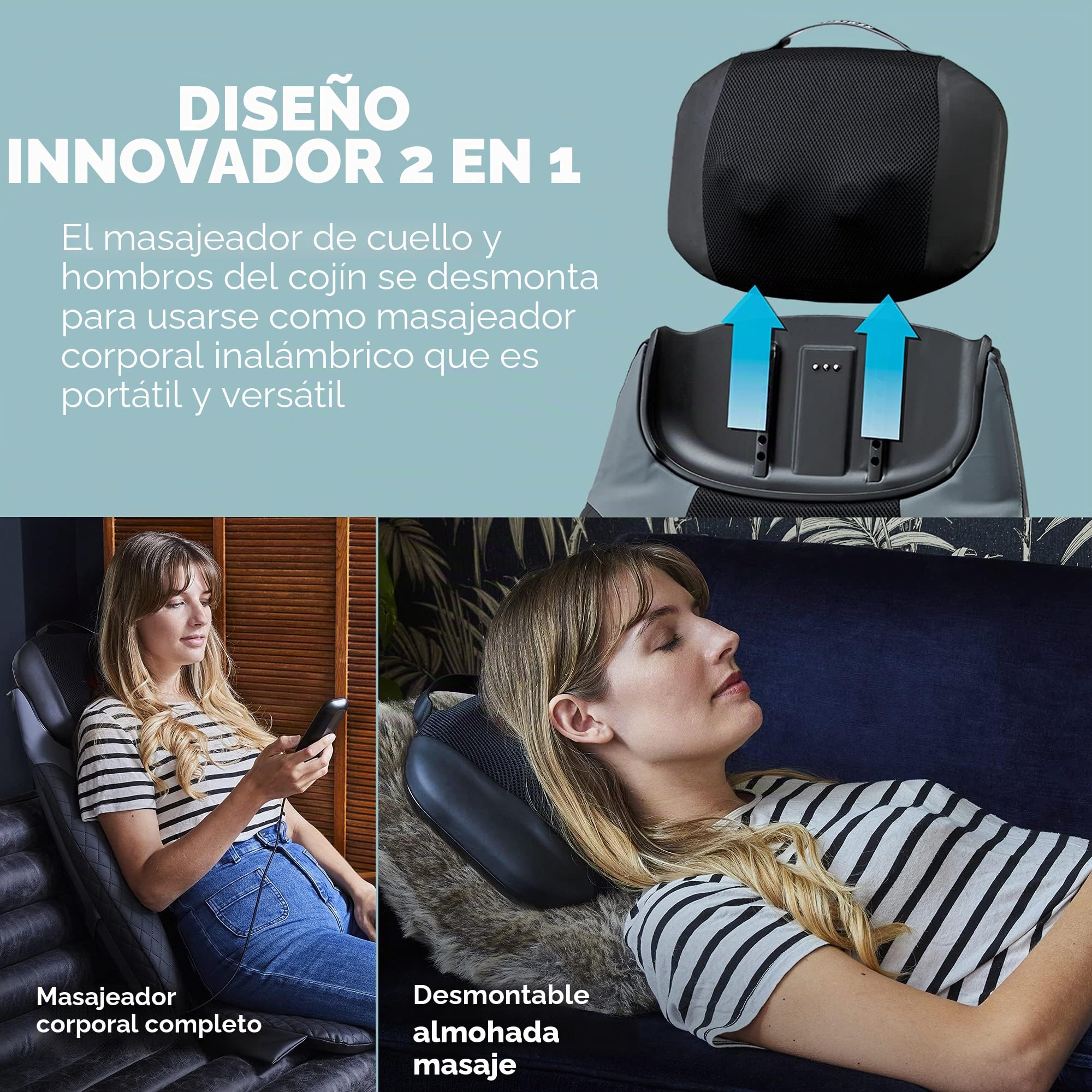 HoMedics Masajeador Shiatsu 2 en 1 y cojín inalámbrico, dos componentes de masaje dirigidos a la cobertura de cuerpo completo con funcionalidad de masaje aislado, color negro