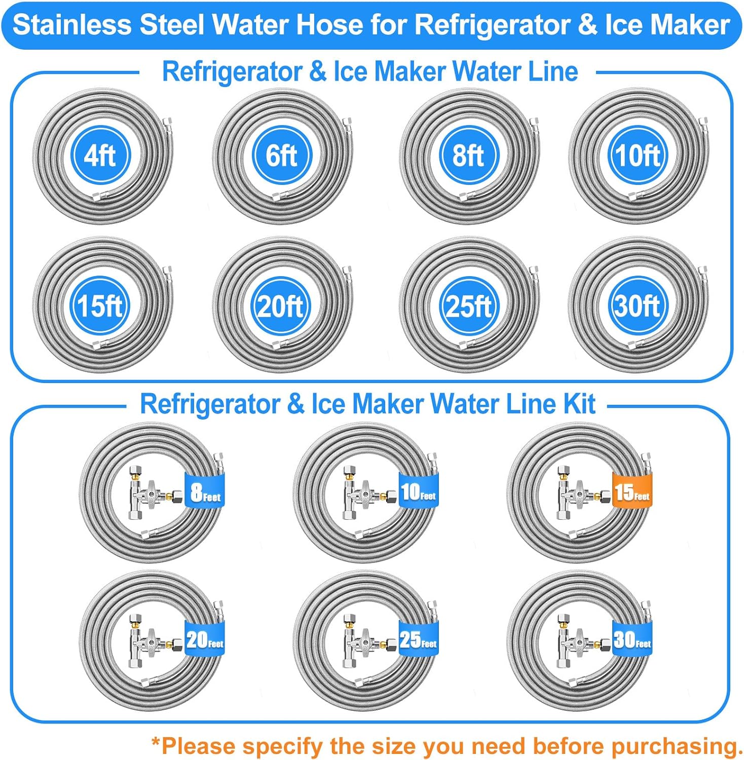 6 FT Premium Stainless Steel Braided Ice Maker Water Hose + 15 FT Refrigerator Water Line Kit with 3/8"- 1/4"- 3/8" Tee Stop Valve for Most Brands and Models Refrigerator