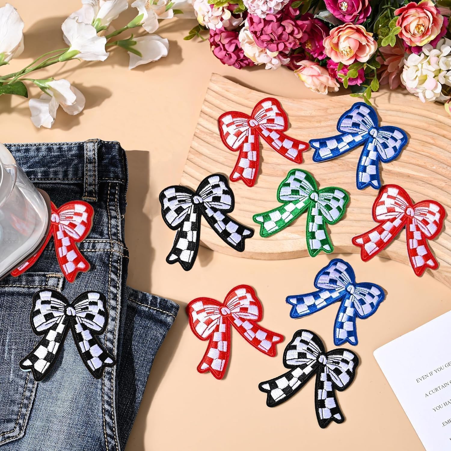 12Pcs Bow Iron on Patches Checkerboard Bowknot Sew On Decorative Patches Coquette Bowcore Girly Aesthetic DIY Crafts Gifts for Clothing Backpack Hat (Royal Blue)