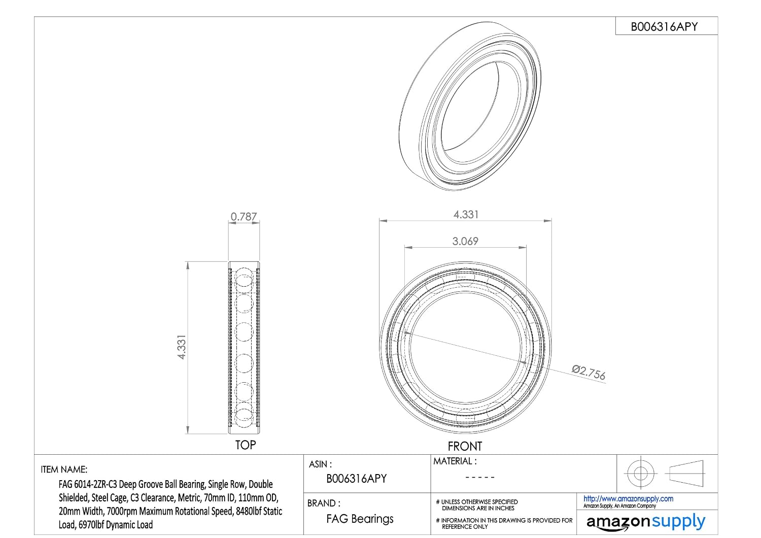 FAG 6014-2ZR-C3 Deep Groove Ball Bearing, Single Row, Double Shielded, Steel Cage, C3 Clearance, Metric, 70mm ID, 110mm OD, 20mm Width, 7000rpm Maximum Rotational Speed, 8480lbf Static Load, 6970lbf Dynamic Load