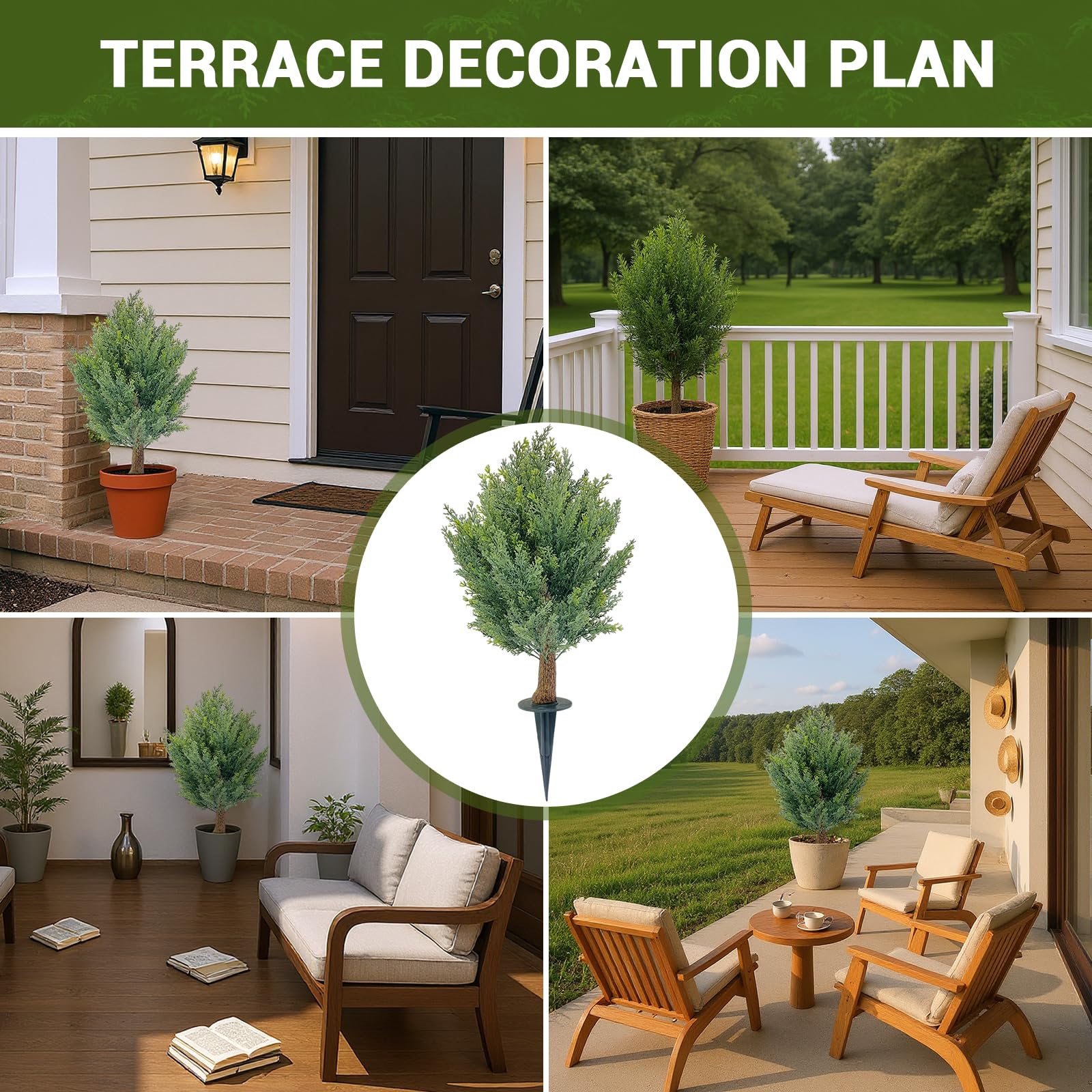2er Set Künstliche Zypressen-Kugelbäume 76 cm – UV-beständig & farbecht – mit Erdspieß – Outdoor/Indoor Deko für Eingangsbereich, Veranda, Terrasse & Garten – Body