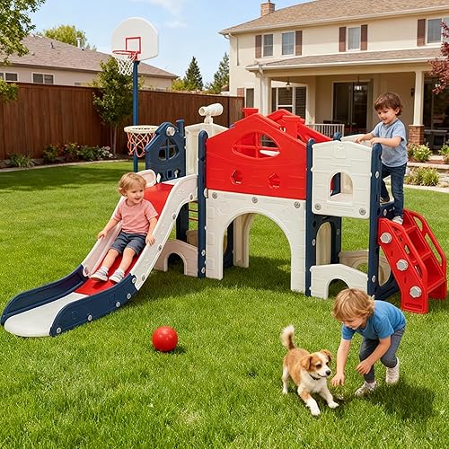 Miniatura 6 de Juego de columpios 4 en 1 para escalador de diapositivas, juego independiente para niños pequeños con aro de baloncesto, patio de juegos para niños