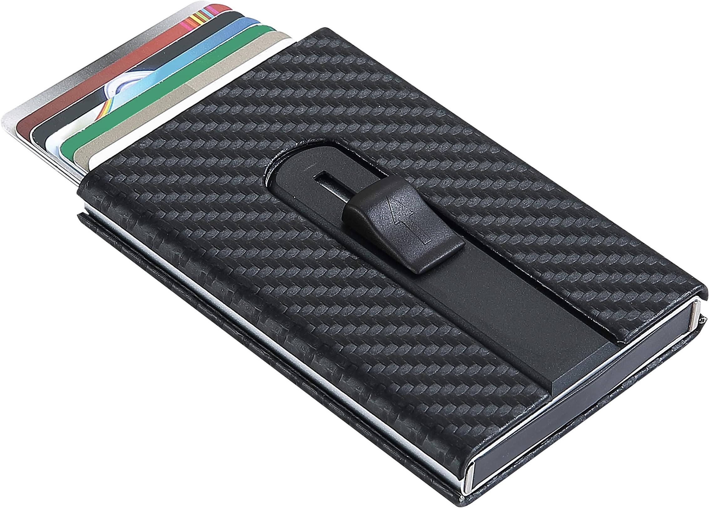 RFID Blocking Card Holder/Case for Men, Money Clip, Carbon Fiber PU Leather, RFID Pop-Up Card Holder, Slim, Minimalist Wallet, Lightweight Aluminum/Metal Credit Card Holder, for Front Pocket