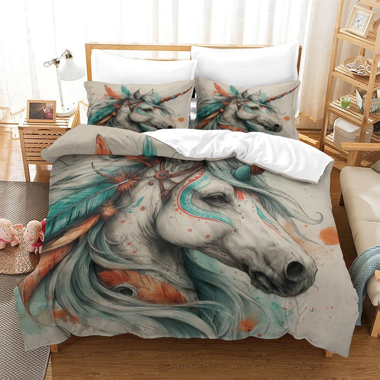 Set Biancheria da Letto Unicorno Fantasia Stampa 3D Copripiumino Microfibra Decorazione Camera Unicorno Morbido Traspirante Idea Regalo Super king（260x220cm）