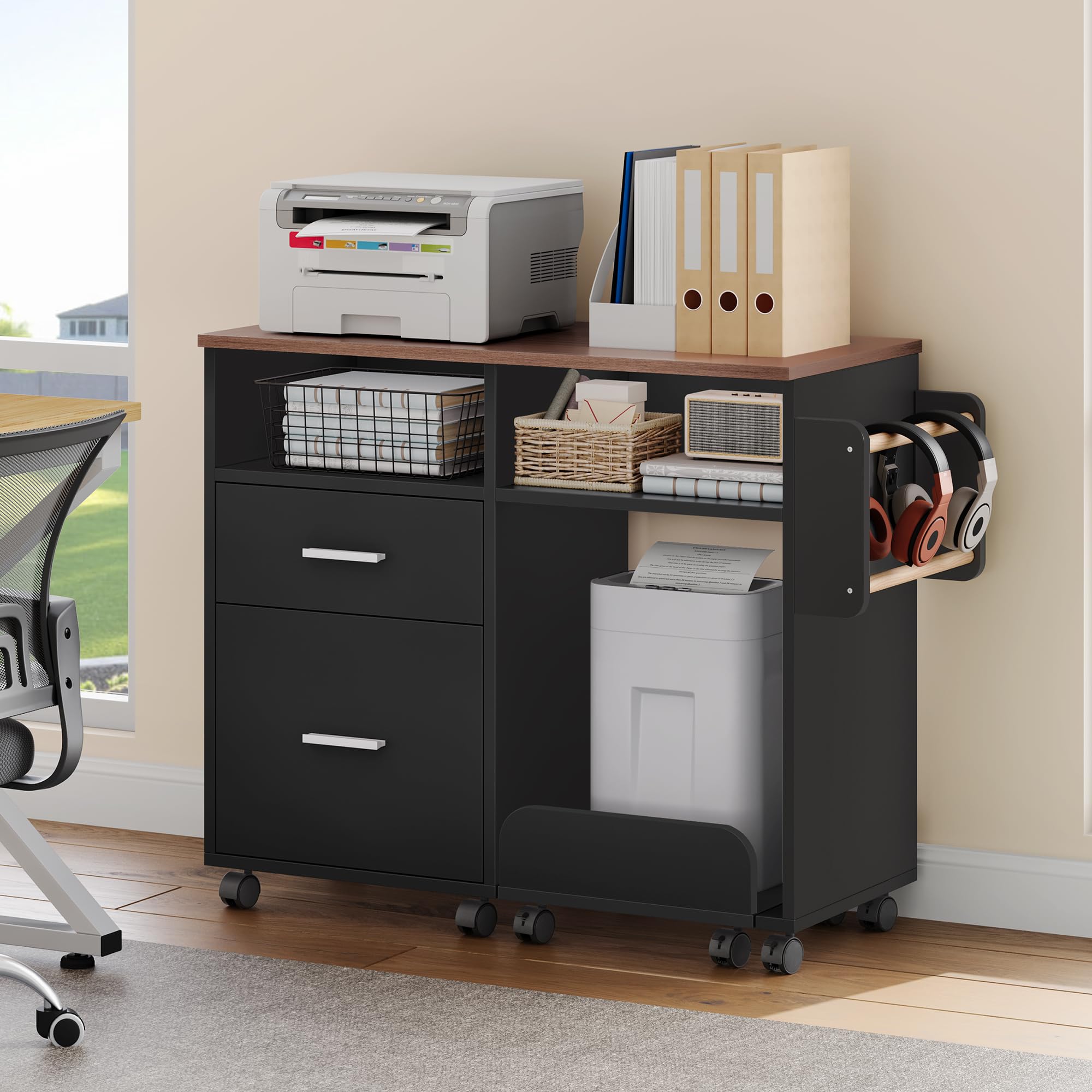 YITAHOME Mobile schedario con base rimovibile e asta per appenderlo, organizer con 10 ruote, armadietto per casa e ufficio, nero