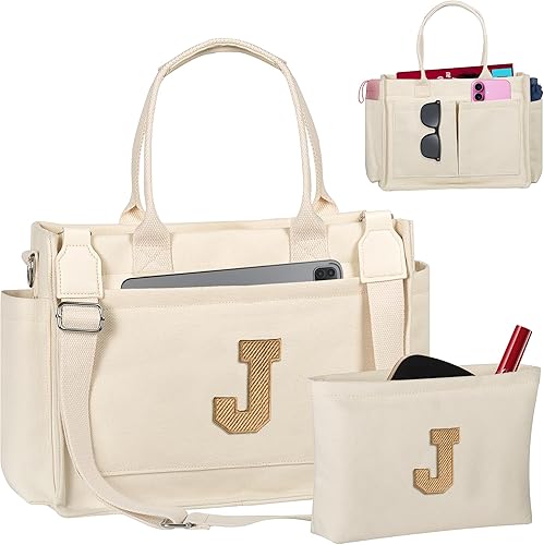 Miniatura 195 de Easter Basket Stuffers, Initial Tote Bag with Makeup Bag, Birthday Gifts for Women, Teen Girl Gifts Trendy Stuff Beige,Negro