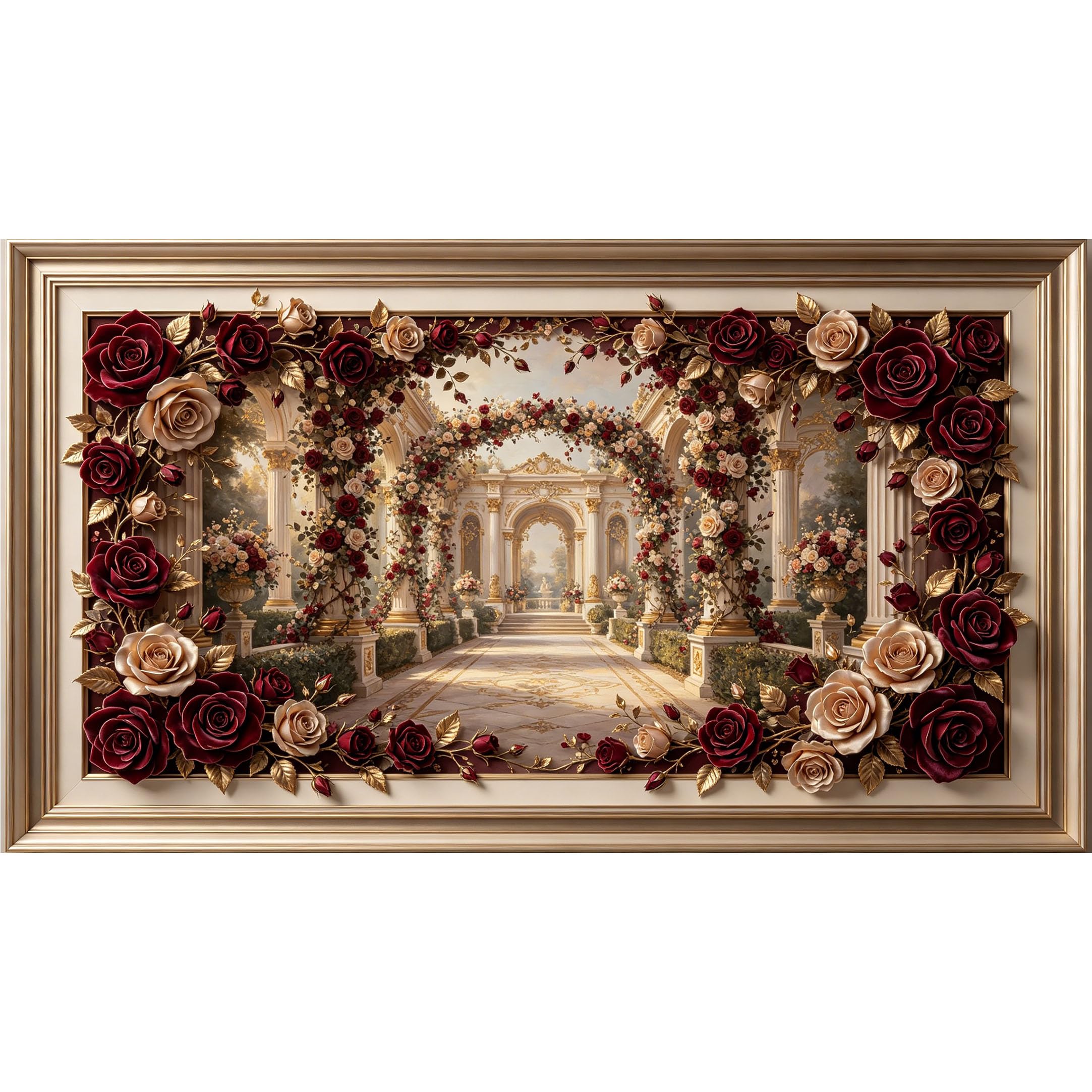 QZLITHOTIC 50×90cm3D Framed Wall Art， Romantic Red Rose Garden Archway Neoclassical Architecture， Water?Activated Peel & Stick Fabric Decor Wall Decal for Bedroom Living Room