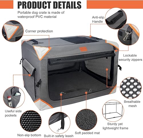 Miniatura 10 de BCOCHAO Jaula plegable para perros - Jaulas portátiles para perros grandes, jaula portátil de viaje para mascotas de 4 puertas, resistente,