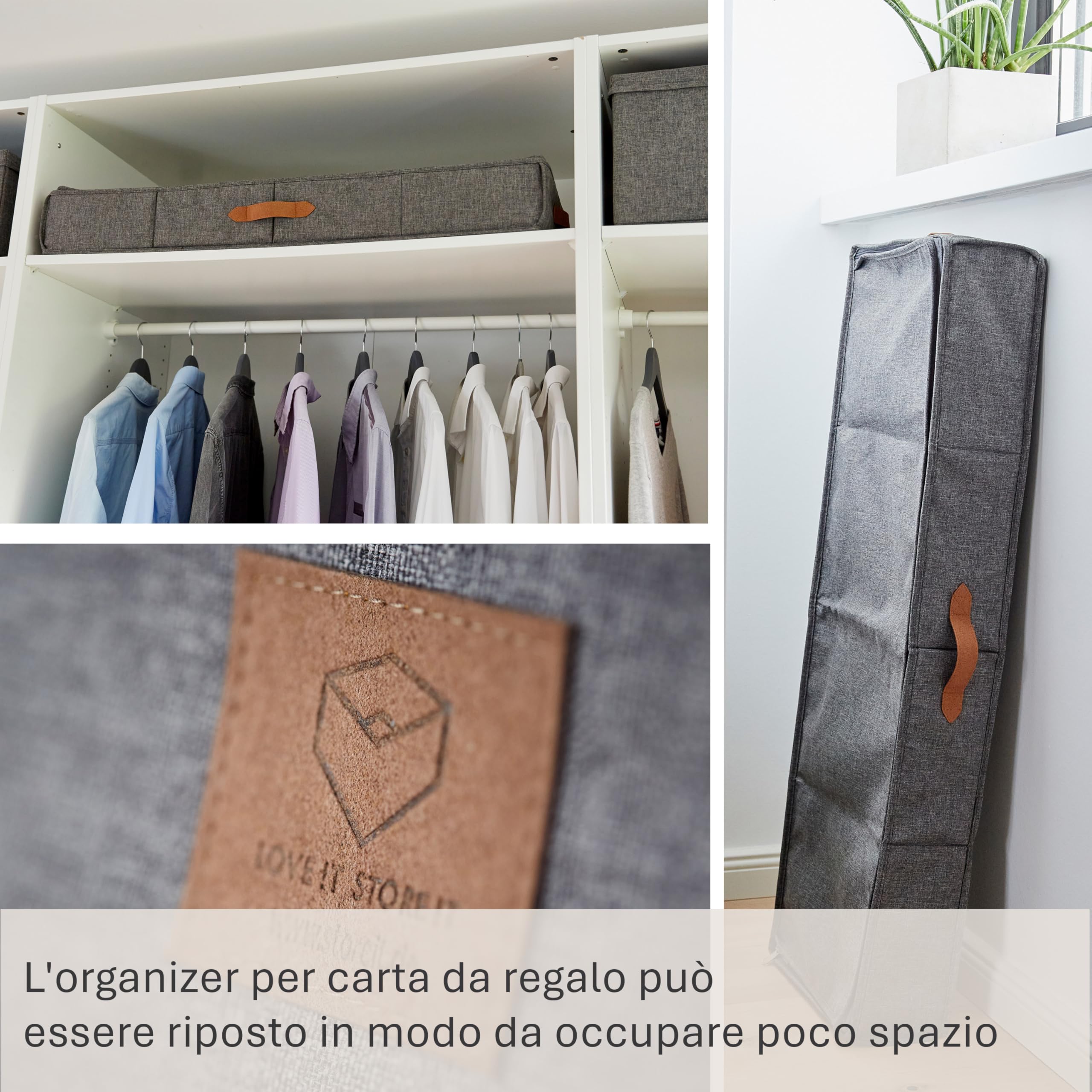 LOVE IT STORE IT - Organizer Carta Regalo in Tessuto - Contenitore Carta Regalo con Cerniera e Manici - Porta Carte Regalo per Rotoli e Nastri - Grigio - 90x30x12 cm