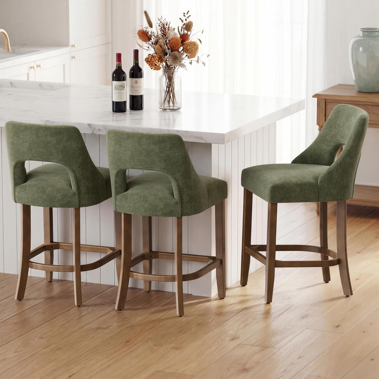 UVV Bar Stools Set of 2, Upholstered Counter Height Bar Stools, Modern Counter Stools with Wood Legs for Kitchen Island Dining Room Bar, Green