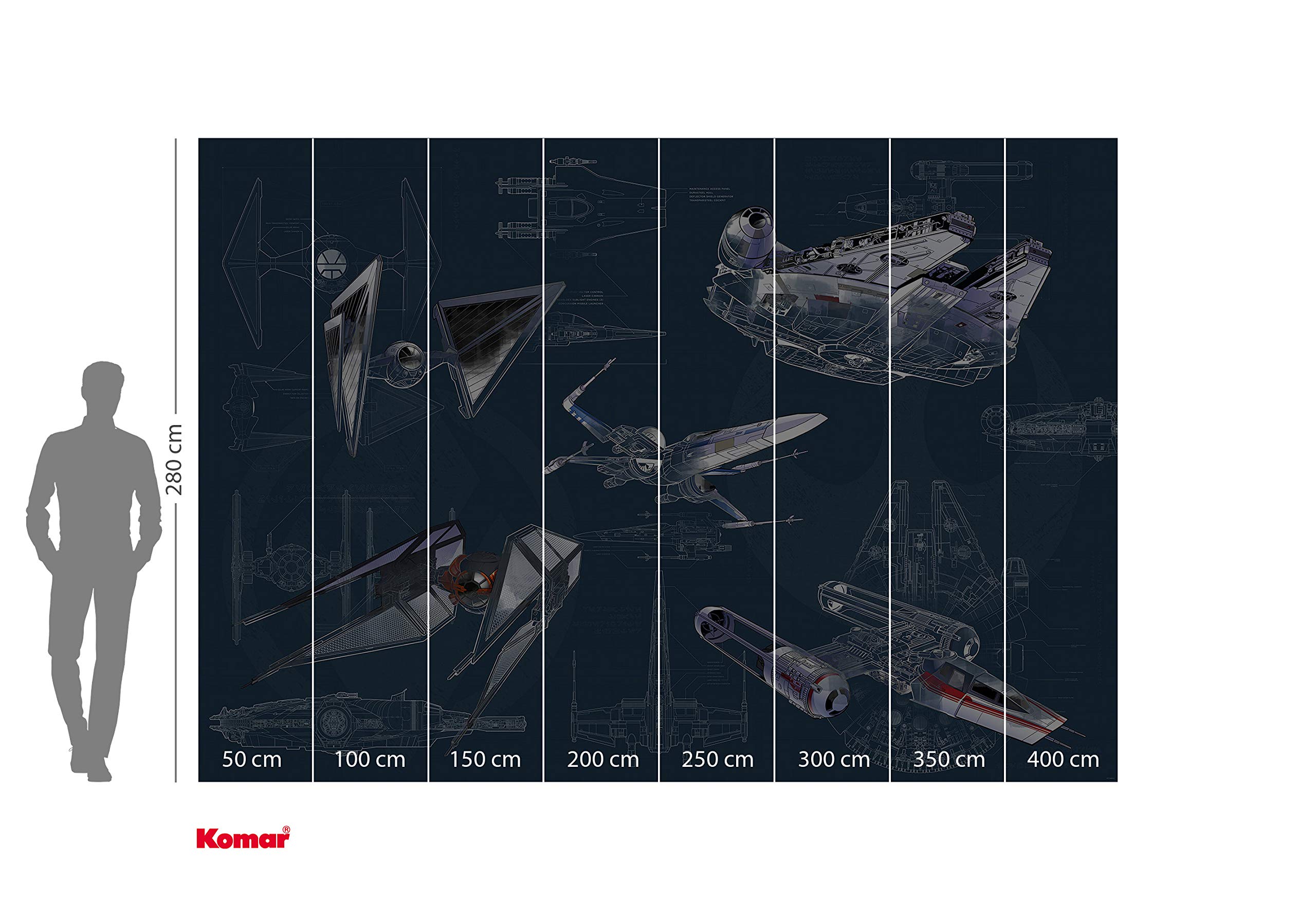 Komar Star Wars Blueprint Dark | Wymiary: 400 x 280 cm (szerokość x wysokość), szerokość wstęgi 50 cm | tapeta, obraz ścienny, dekoracja, wykładzina ścienna, pokój dziecięcy, | DX8-077 fototapeta z