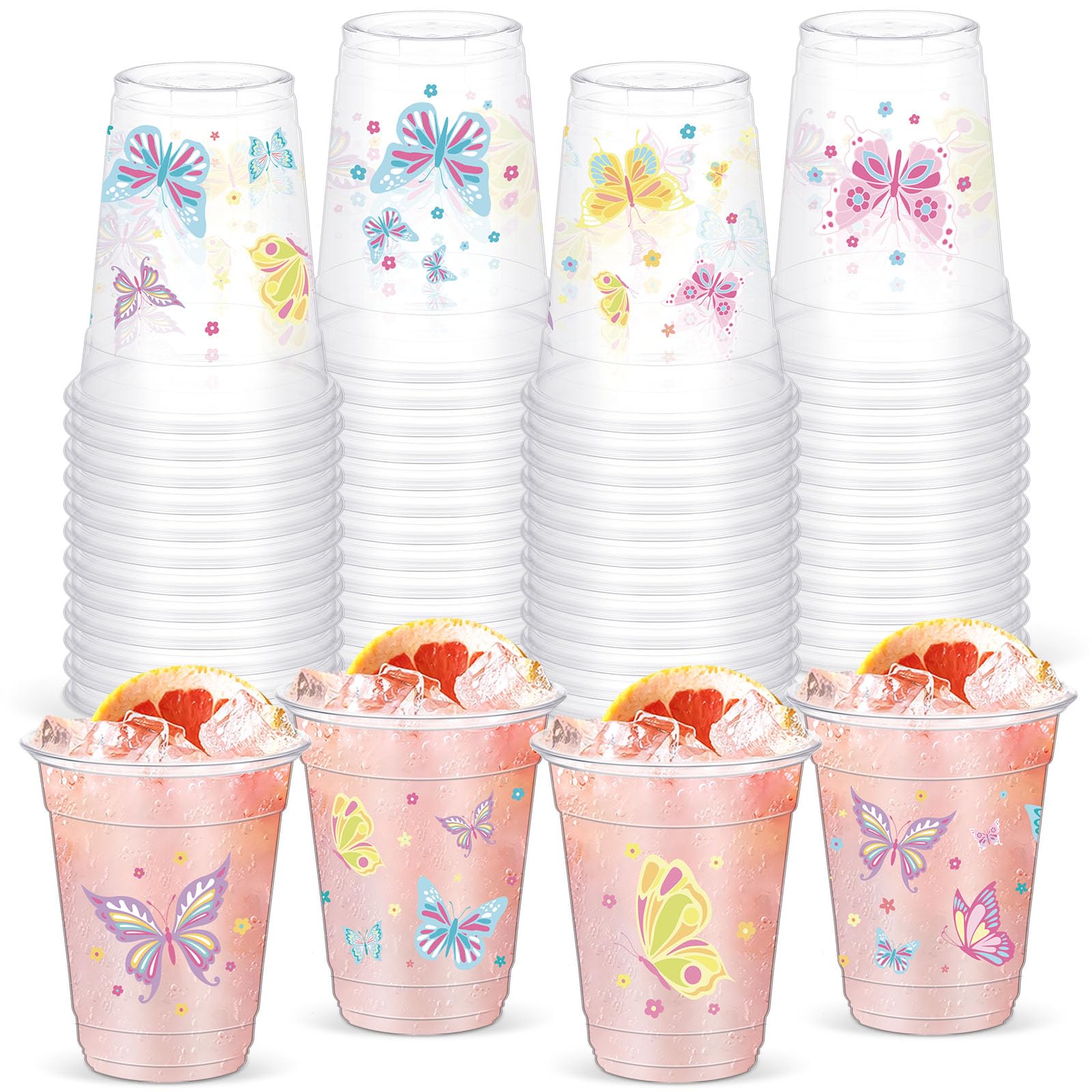 Yaomiao 50 Pieces Butterfly Plastic Cups 12 oz Bulk Butterflies Clear Disposable Cups Spring Party Favor Drinking Beverage Supplies for Birthday Baby