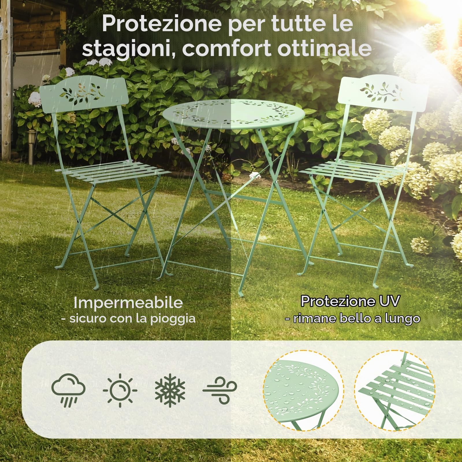 VINGLI Set Bistrò Pieghevole, Tavolino da Balcone con 2 Seide, Tavolo e Sedie da Esterno, Balcone e Terrazza (Verde Chiaro, Modello Traforato, Senza Cuscino)