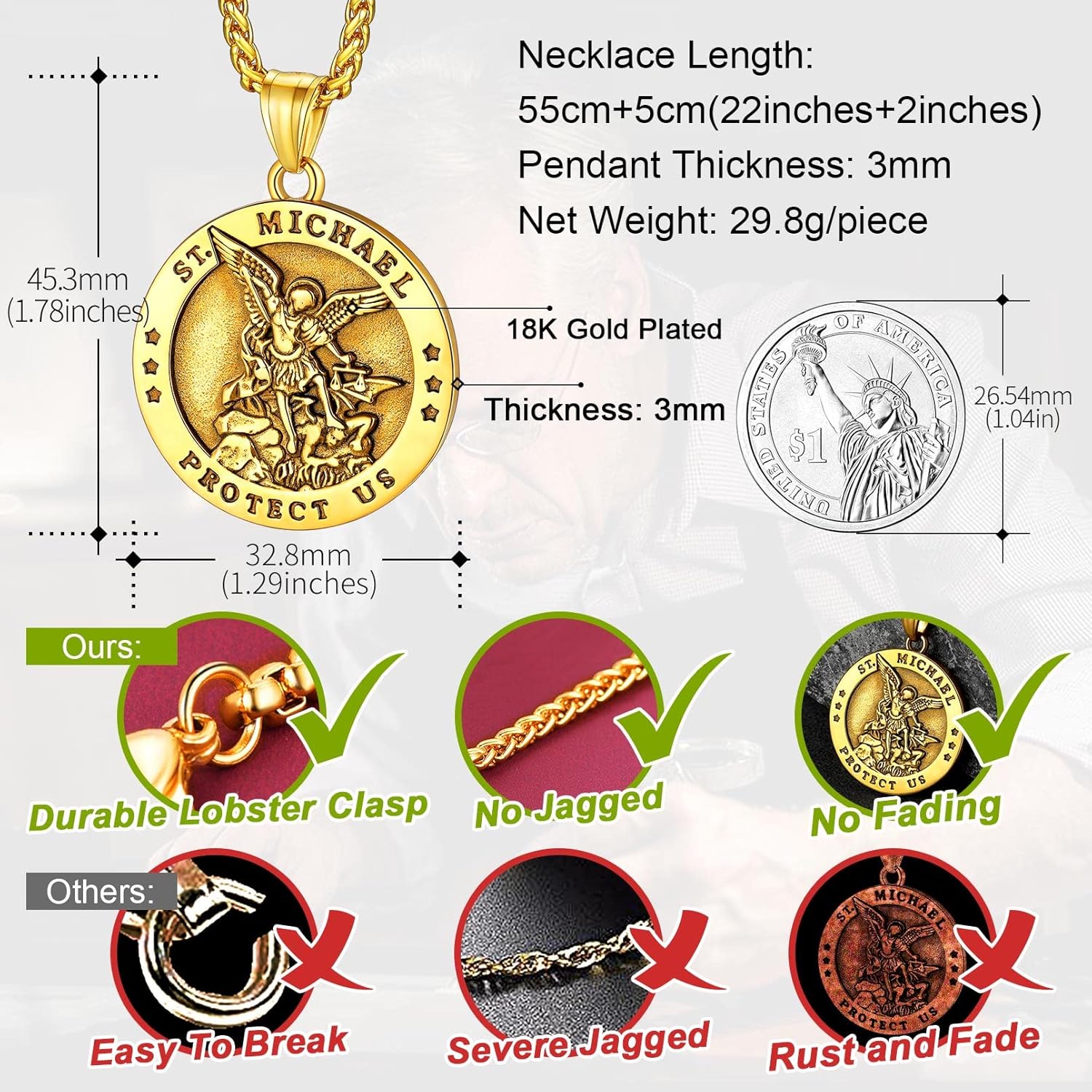 FaithHeart Saint Michael Necklace, Stainless Steel/18K Gold Plated St Michael the Archangel Pendant Amulet for Men Women with Gift Packaging - Image 5