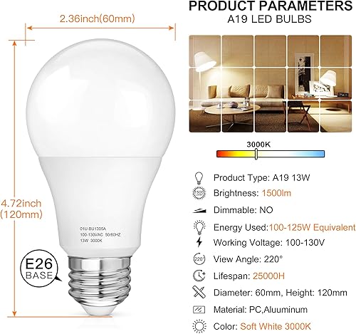 Miniatura 9 de Bombilla LED A19, equivalente a 100 vatios, de lujo con luz diurna de 6000 K, 1500 lúmenes, base estándar E26, no regulable, sin parpadeo para