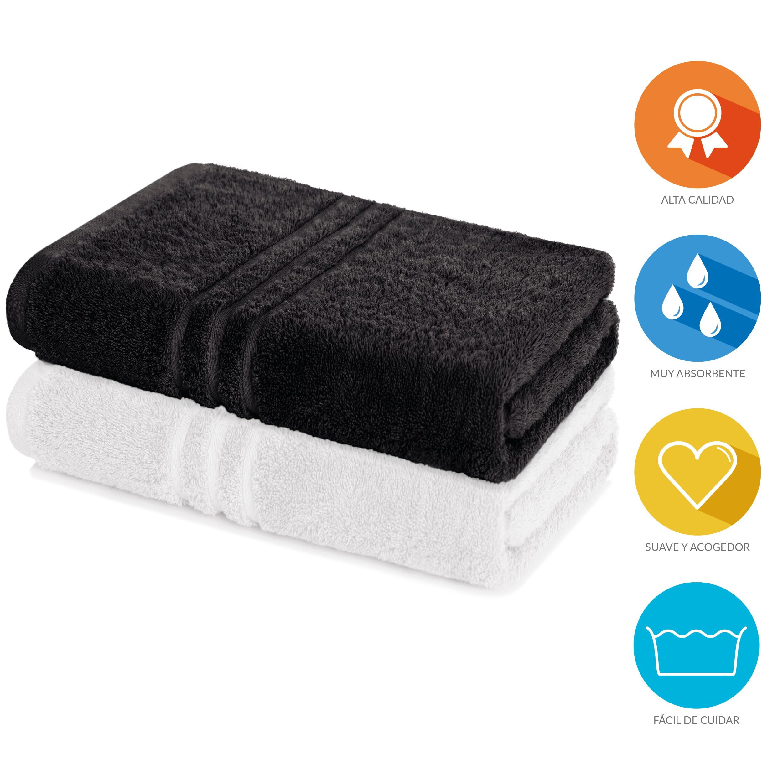 Lavea® Juego de 2 Toallas de Baño 80x200 cm en Rizo 100% Algodón – Suaves y Absorbentes – Toallas de Baño Grandes y Toallas de Ducha Ideales para Hogar, SPA o Gimnasio – Blanco y Negro