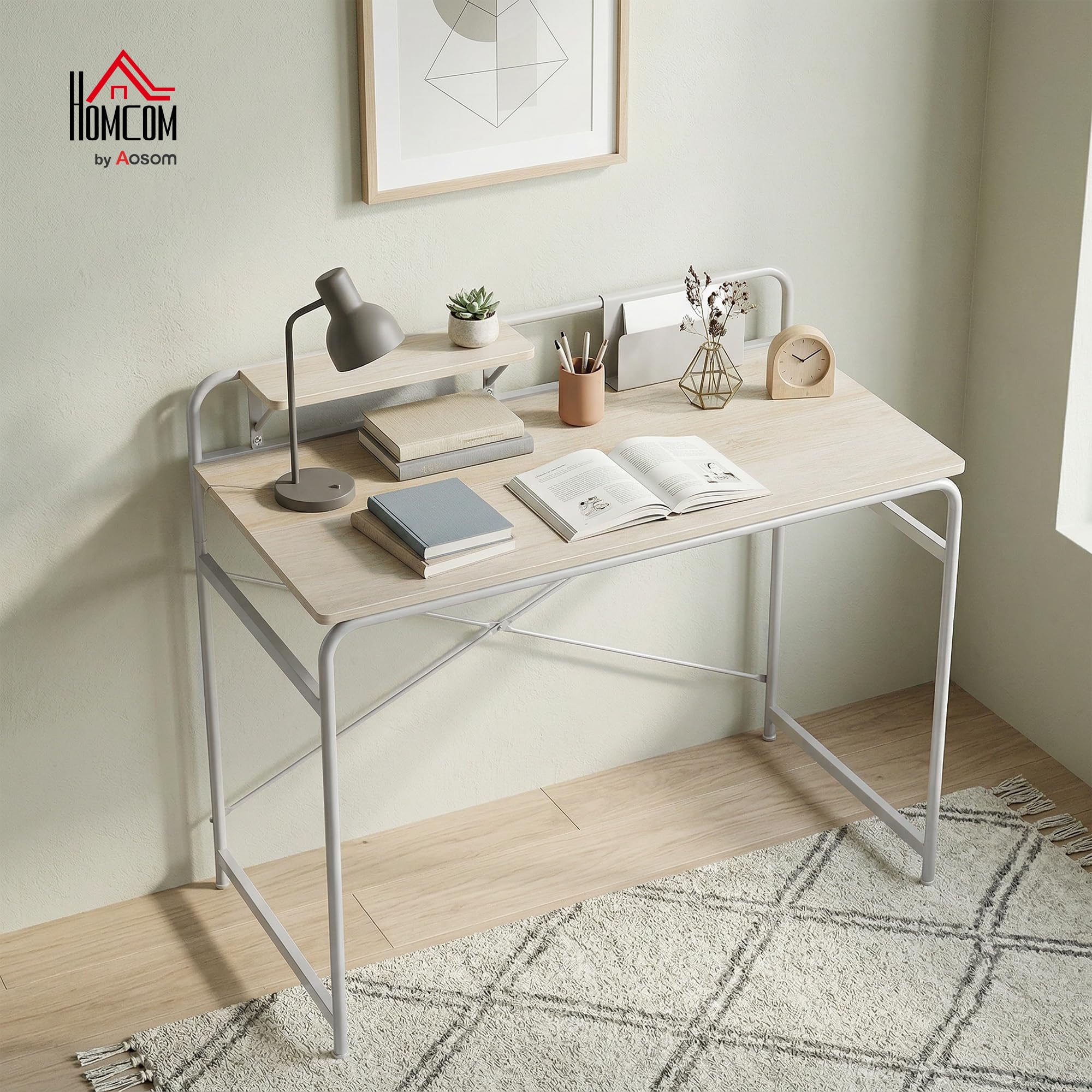 HOMCOM Escritorio con Estante y Estructura de Metal 98x48x88,5 cm Roble | Mesa de Escritorio Moderno, Fácil Montaje, para Oficina en Casa, Dormitorio, Espacios Pequeños
