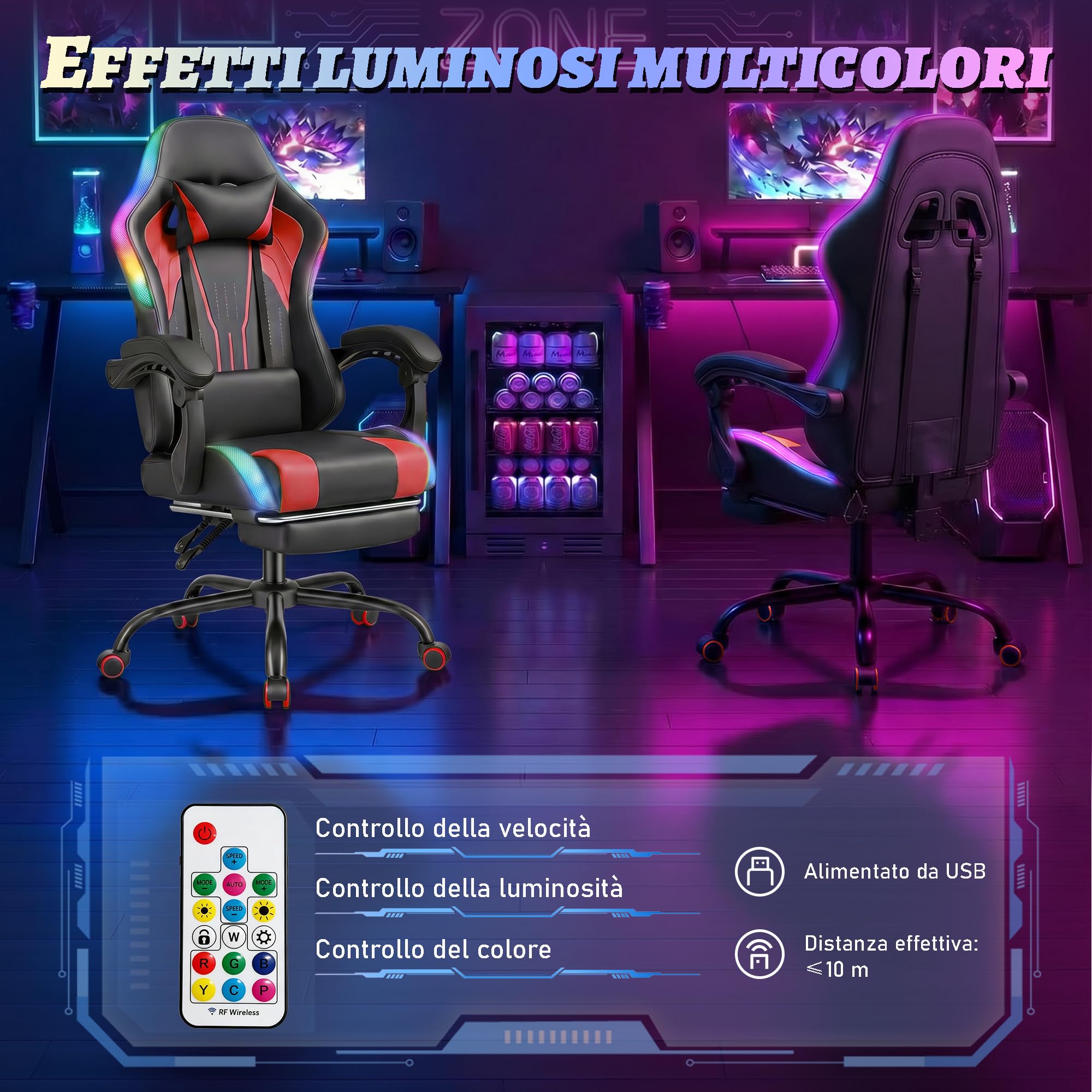 TRIUMPHKEY Sedia da Gioco con Luce RGB LED di Stile Gaming, 366 Modalità di Effetto Luminoso, Tela PU Resistente alla Sporco, Braccioli Sincronizzati, Cuscino Lombaire a Massaggio USB (Rosso)