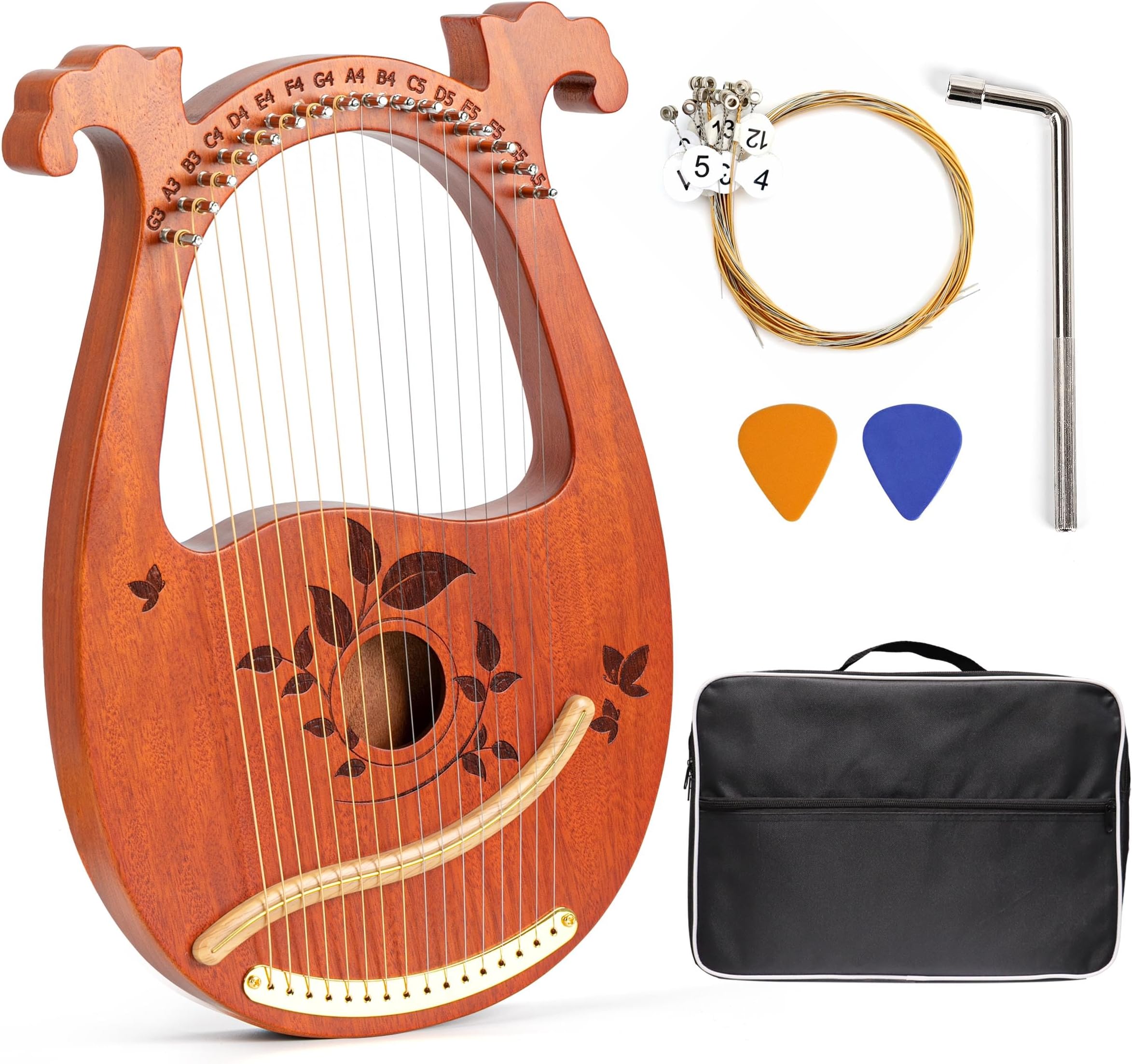 Lyre Harp, 16 Metal Strings Mahogany Lyre Harp with Tuning Wrench, 16 Pcs Spare String Set, Manual, Picks, Black Gig Bag for Instrument Kids Adult Professional Beginner Music Lovers Gift