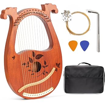 Lyre Harp Mahogany with Tuning Wrench and 16 Pieces Metal Replacement String Set Manual Picks Black Gig Bag for Instruments Kids Adults Professional Beginners Music Lovers