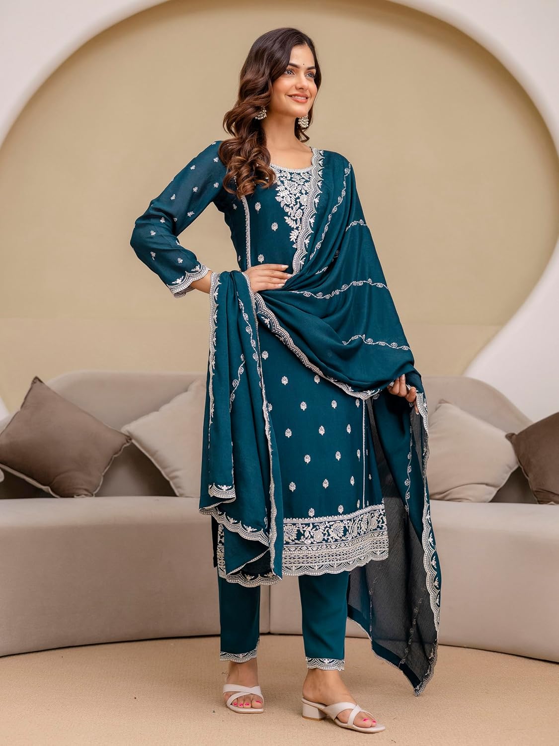 TRENDMALLS Women's Art Silk Embroidery Sequence Work Salwar Suit Set Kurta Pant with Dupatta For Women