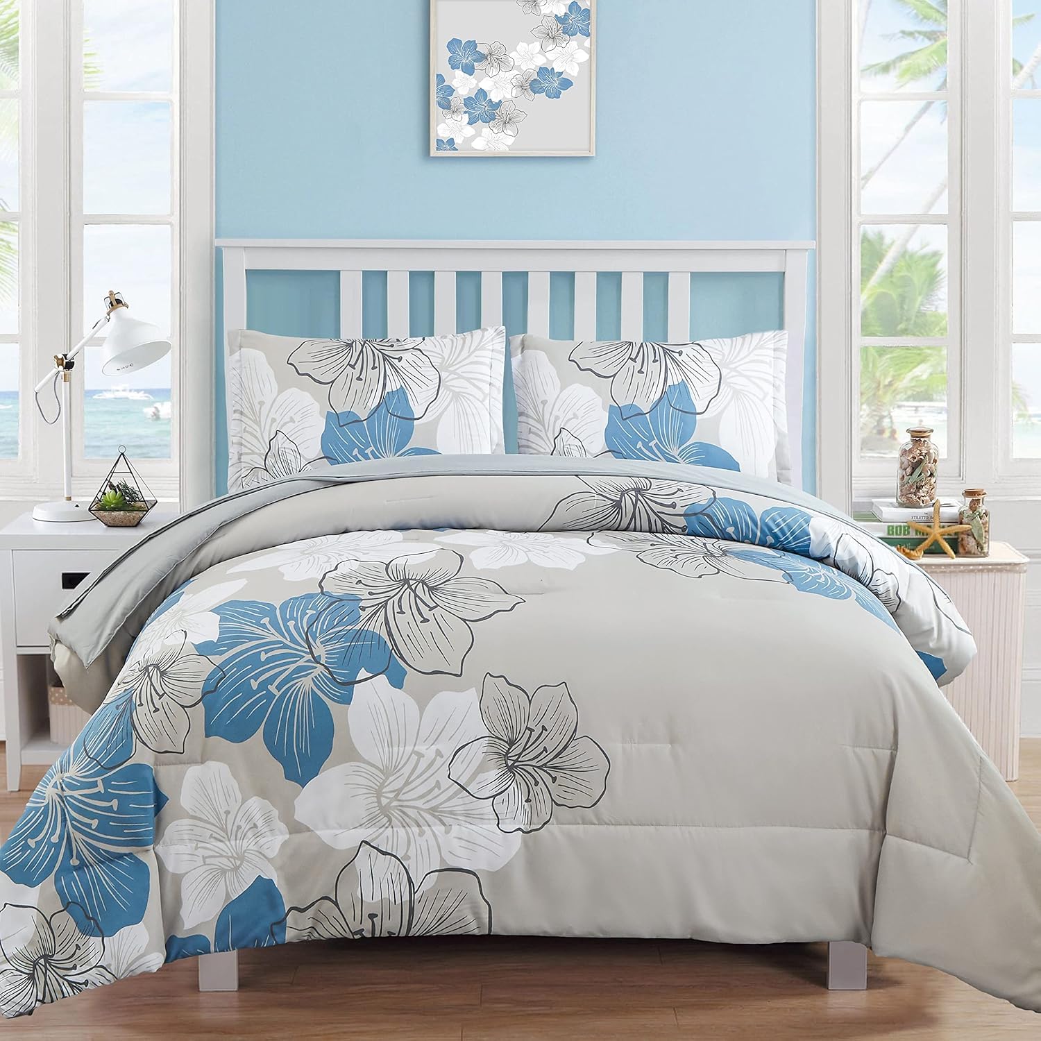 Luxudecor Floral Comforter Set Full Size, Blue Floral Comforter and Sheet Set, 7 Pieces Bed in a Bag Soft Microfiber Complete Bedding Sets for All Seasons 80"×90"
