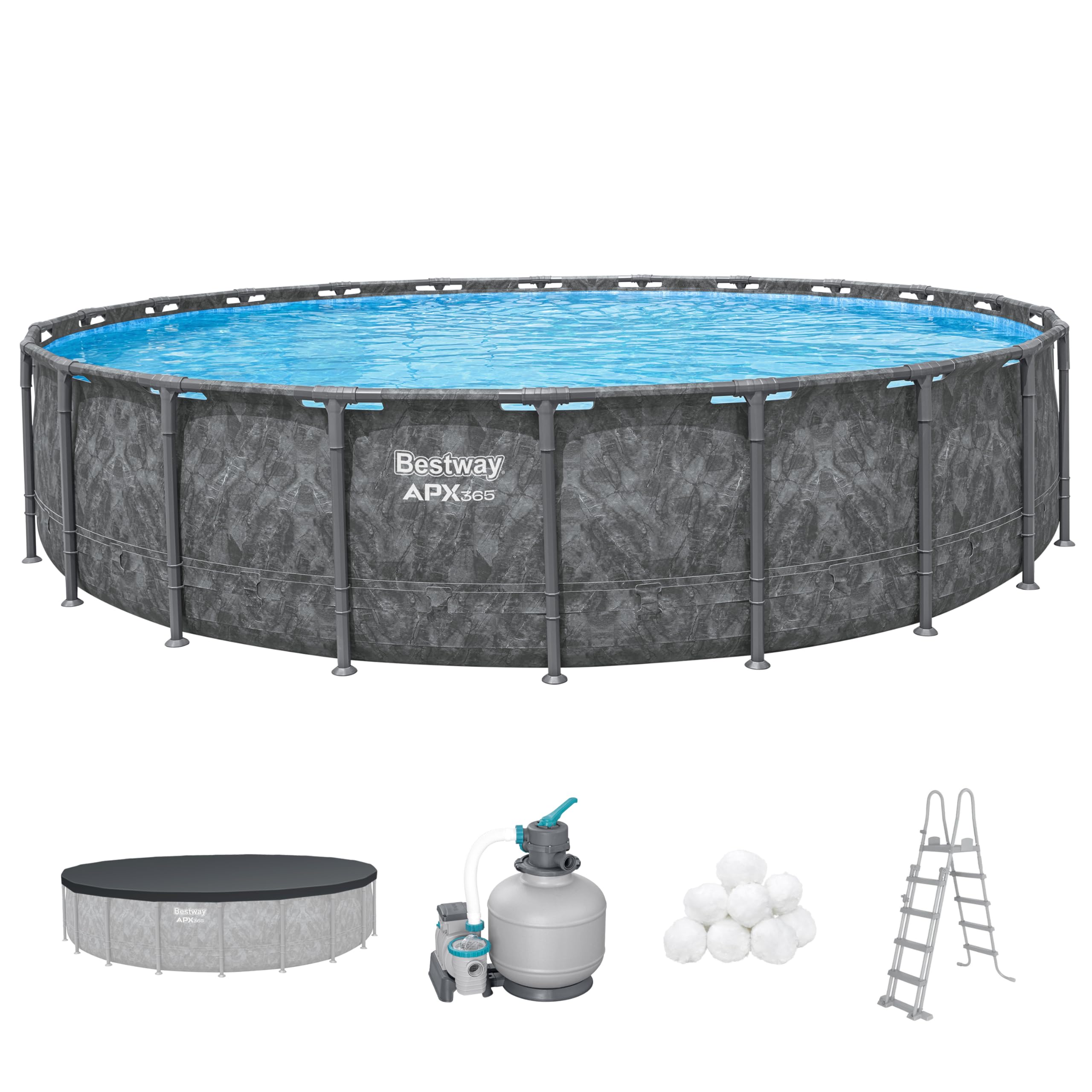 Bestway APX365 Winterfestes Frame Pool Set, Ø 671 x 132 cm, 40.377 Liter, Sandfilteranlage, Korrosionsbeständiger Stahlrahmen, ClickConnect System, Sicherheitsleiter, Abdeckplane, Filterbälle
