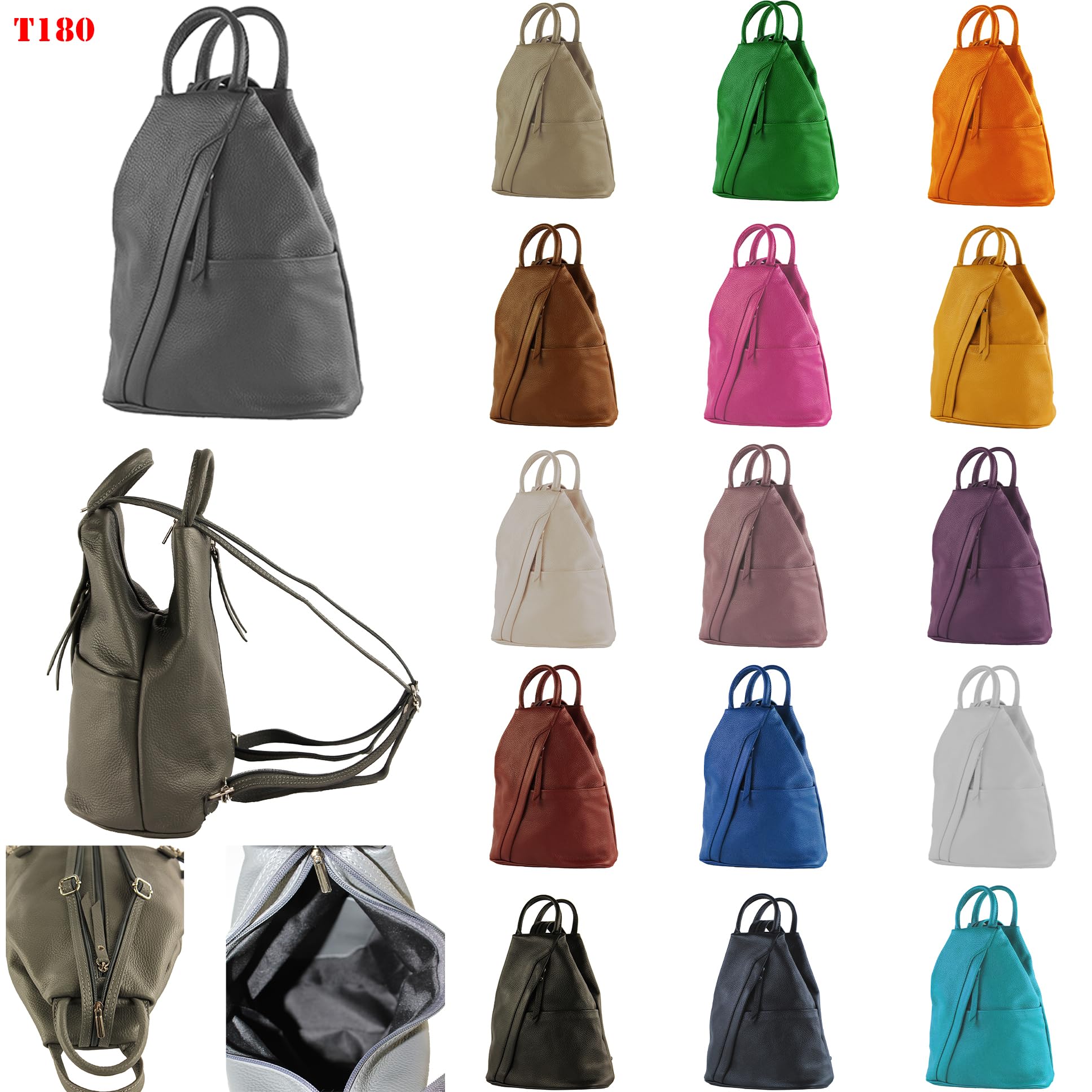 modamoda de T180 Damen Leder Rucksack Handtasche 2-in-1, handmade in Italy