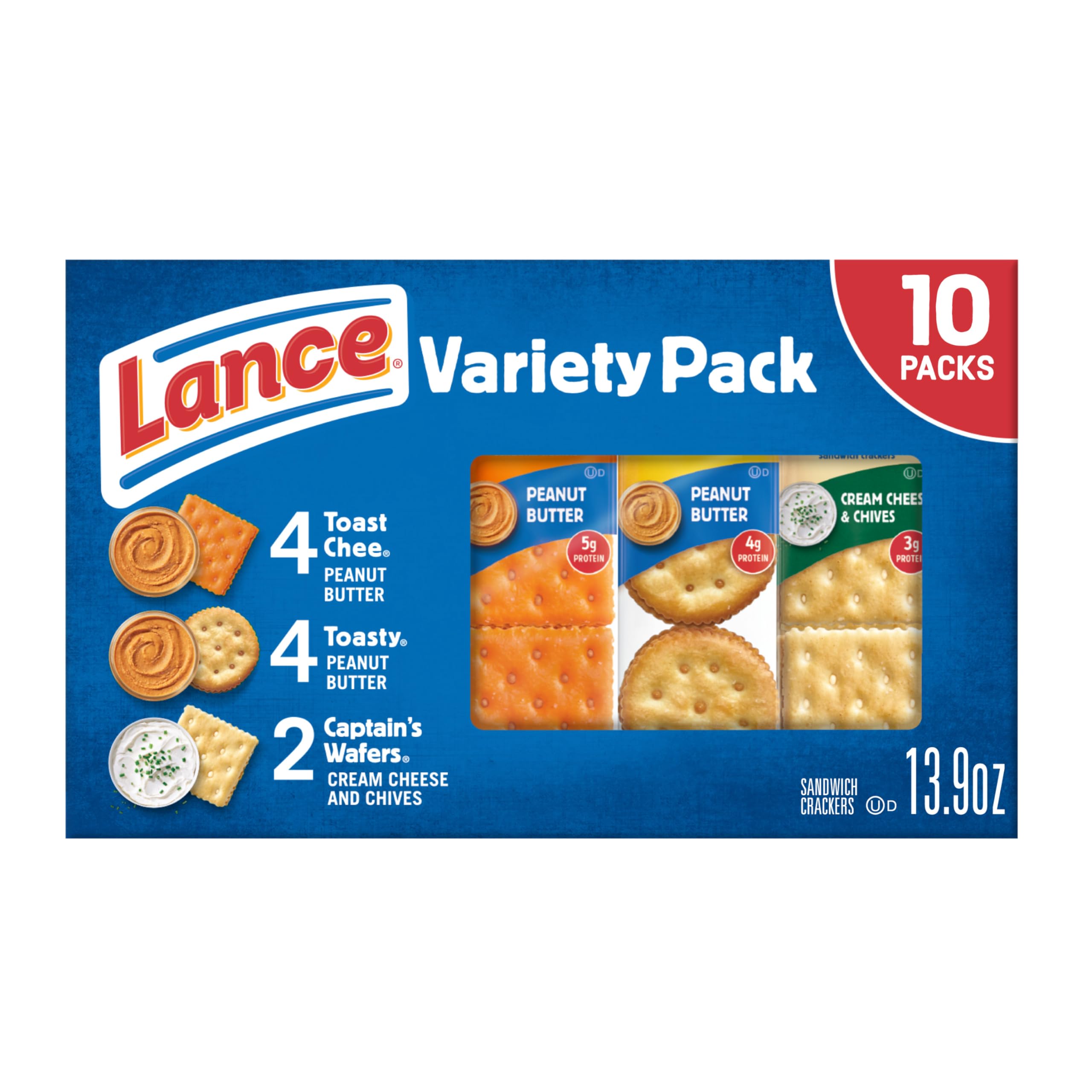 Sandwich Crackers, Variety Pack, 3 Flavors, 10 Individually Wrapped Packs, 6 Sandwiches Each