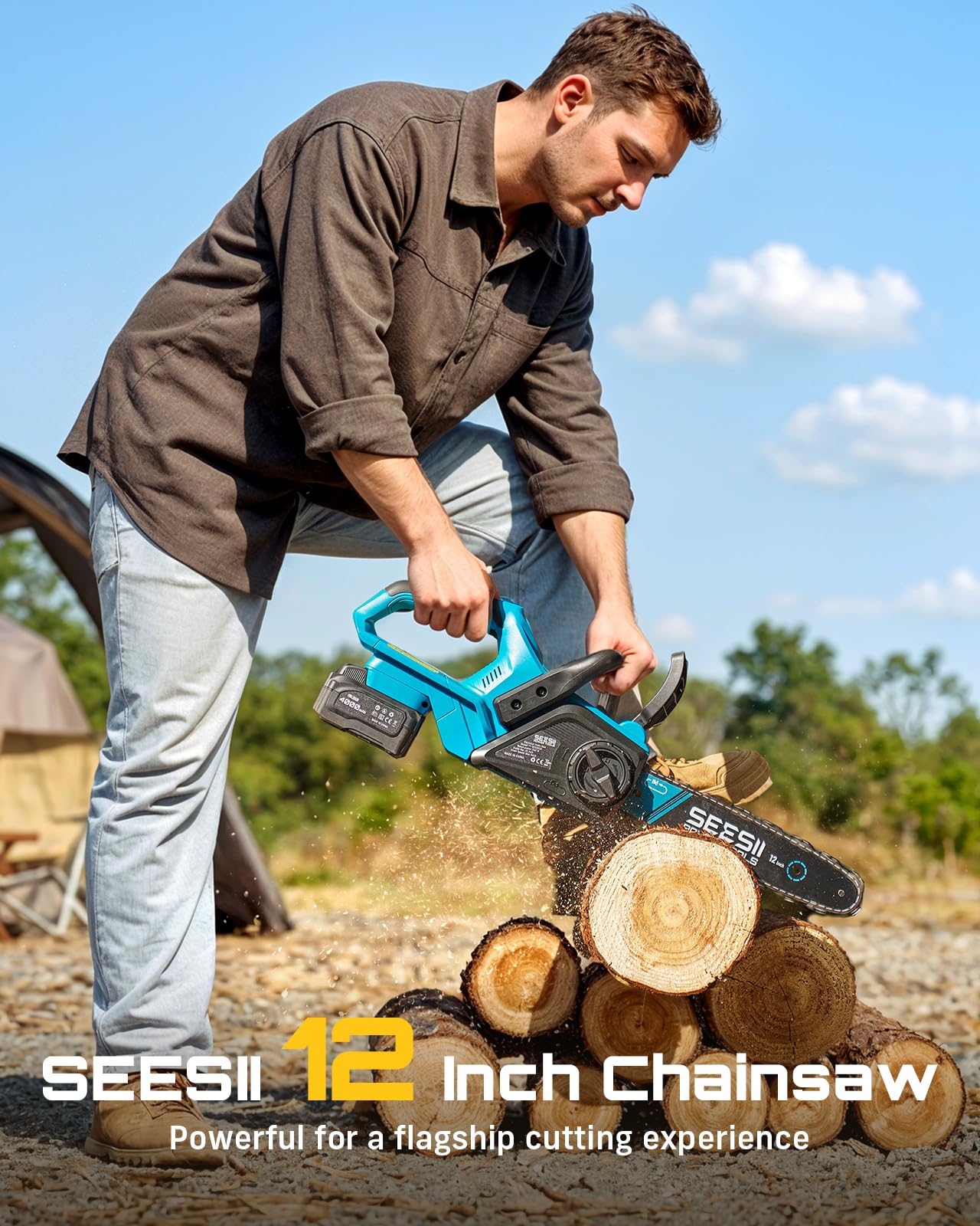 SEESII Motosierra eléctrica inalámbrica de 12 pulgadas, motosierras de mano con 2 baterías de 4.0 Ah, sierra de árbol con tensión de cadena sin herramientas, lubricación automática para cortar madera