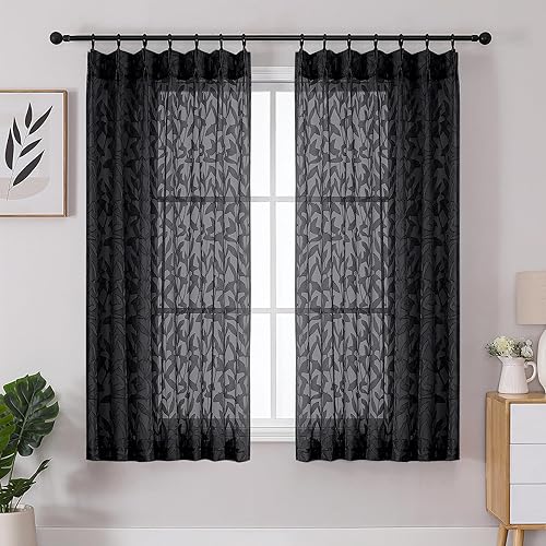 Lecloud Pinch Pleated Black Sheer Curtains 63 Inch Length 2 Panels, Airy Jacquard Textured Drapes for Bedroom Living Room, Light Filtering Window Curtains with Hooks Rings Back Tab, 42" W x 63" L