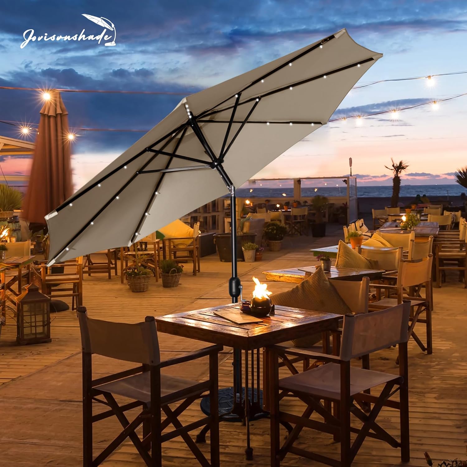 9FT LED Patio Umbrella, Solar Outdoor Umbrellas with LED Lights, Deck Umbrella with Push Button Tilt and Crank, UV Protection Waterproof for Pool, Porch, Garden, Deck, Backyard. (TAN)