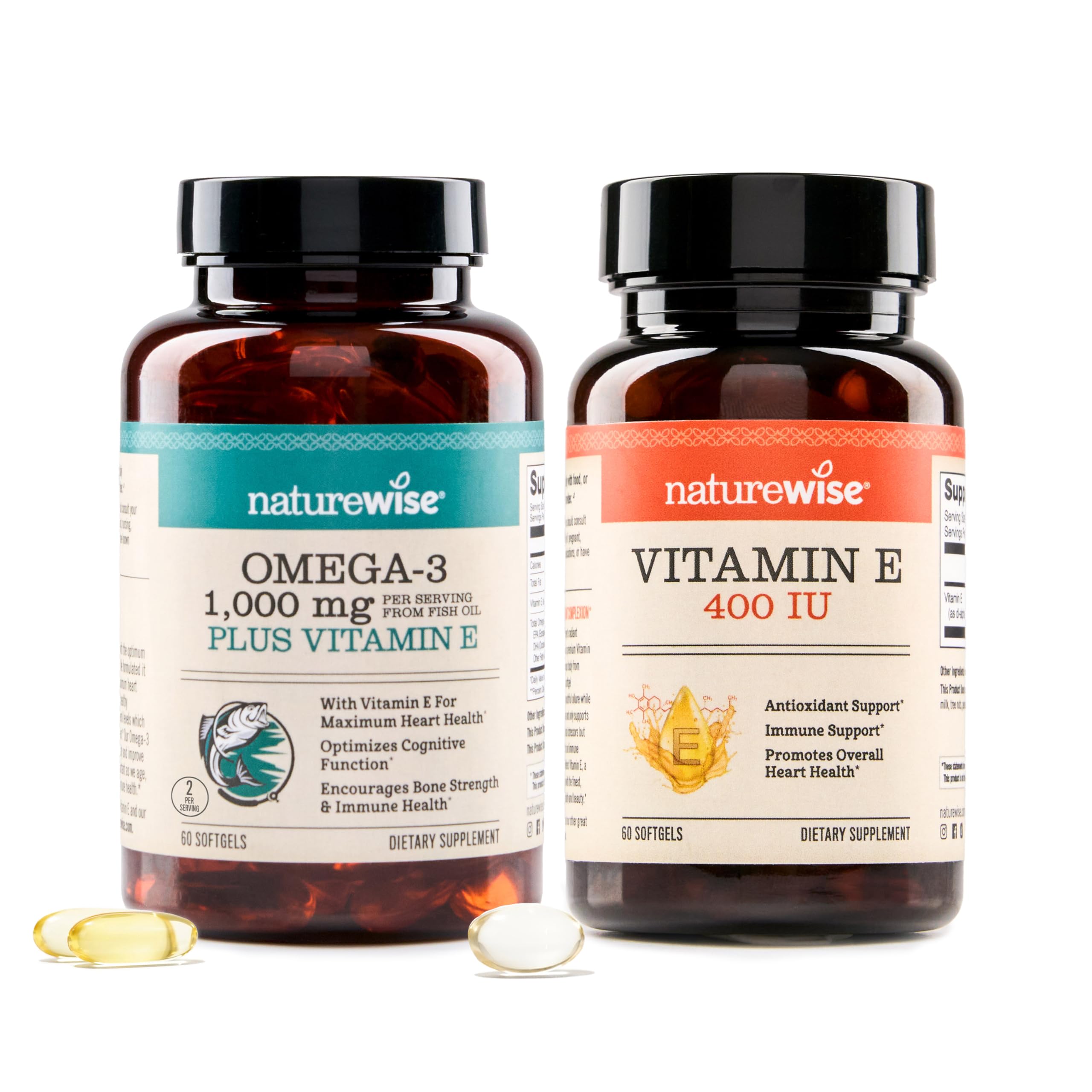 NatureWise Extra-Strength Omega 3 Fish Oil 1000mg 60 Count + Vitamin E 400 IU (180mg DL-Alpha) 60 Count - Bundle for Immune, Bone, Heart Health Support - Gluten